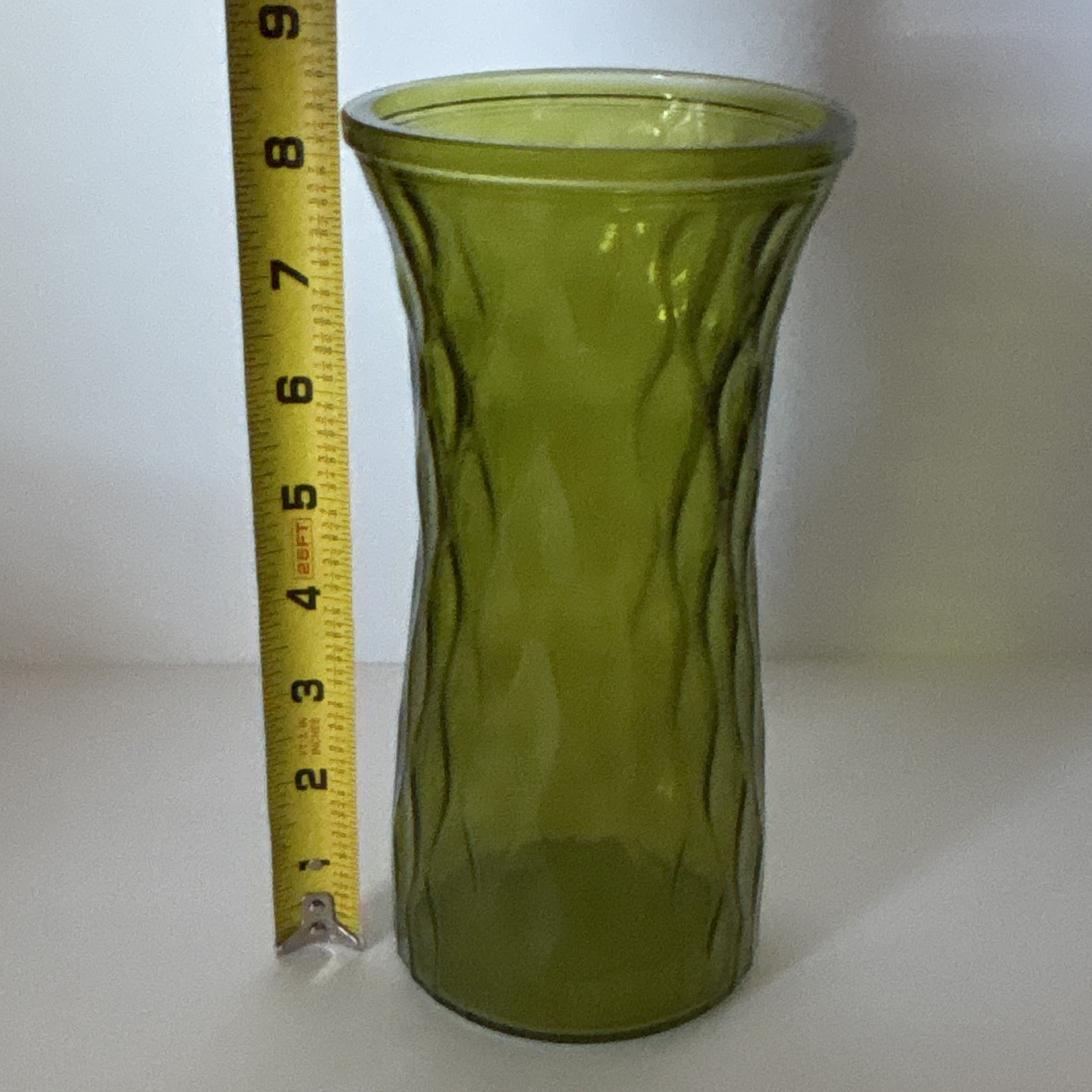 Vintage 1970s Diamond-Swirl Vase Avocado Green 8.5” MCM