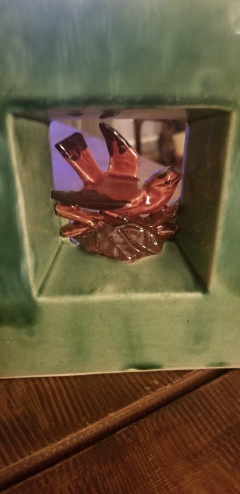 1950’s McCoy Arcature double shadow box square vase green w/ red bird, RARE!
