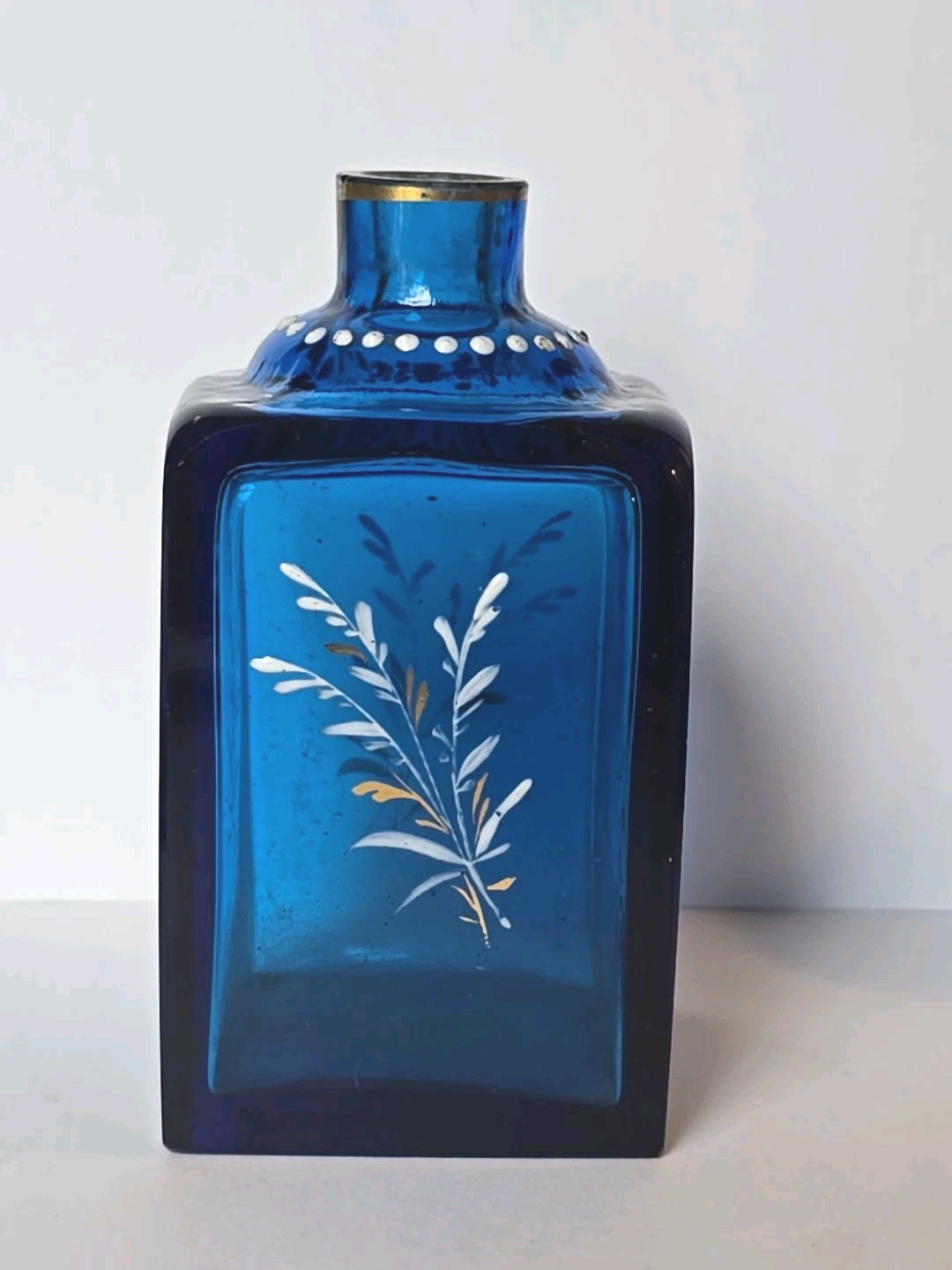 Cobalt Antique Bohemian Glass Dresser Bottle Enamel Decoration Of Heron In Marsh