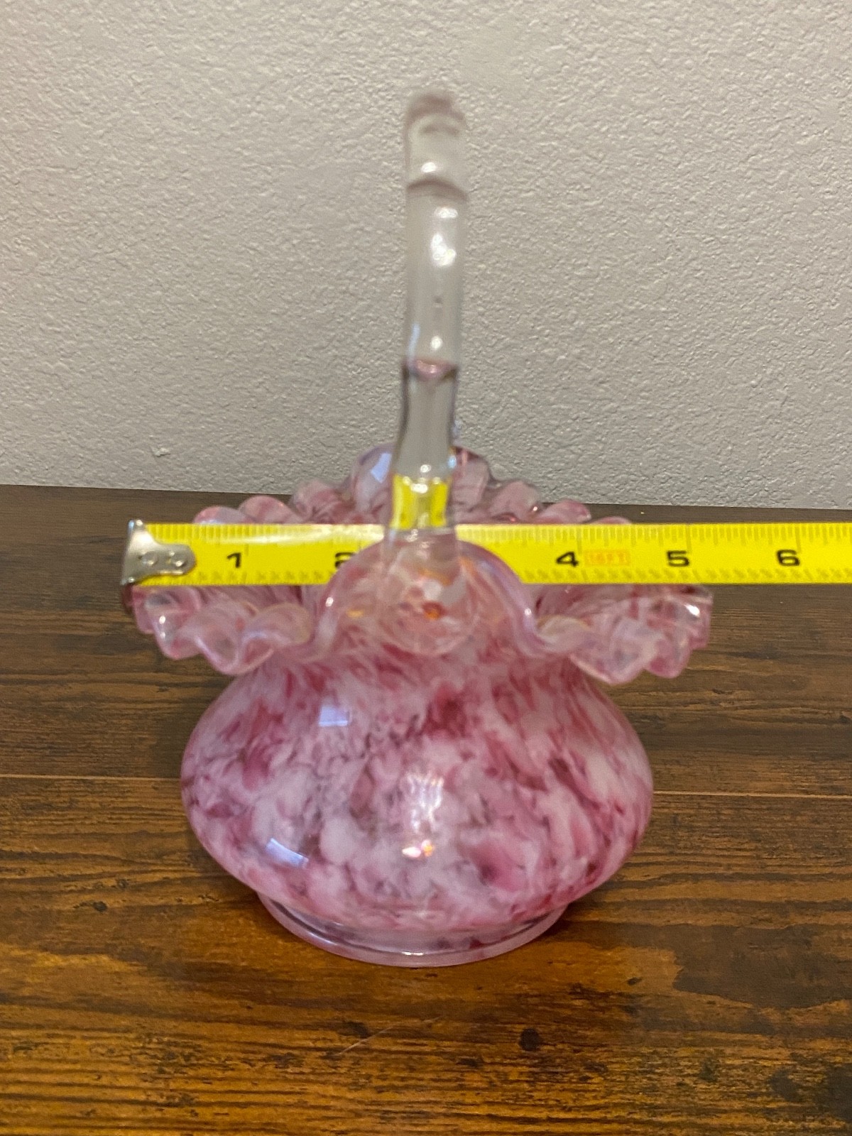 VTG Pink & White Splatter Art Glass Basket W/Clear Applied Handle 7.25″H