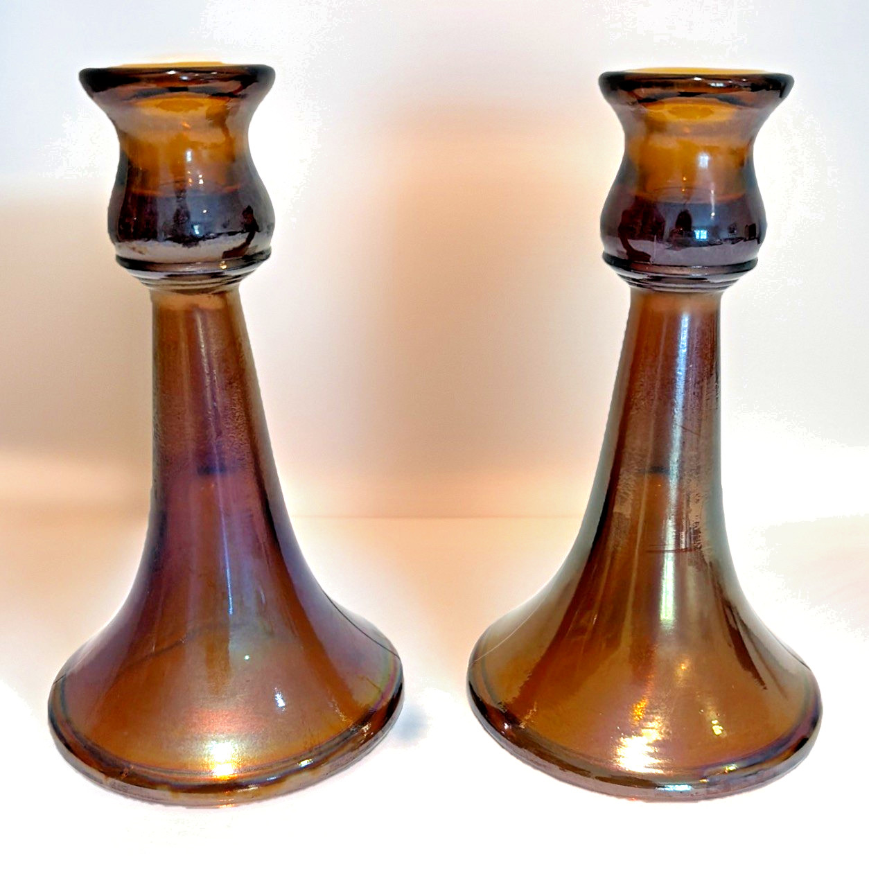VTG 2 Northwood Vineland Trumpet Candle Stick Holders Amber Stretch Glass 1930s