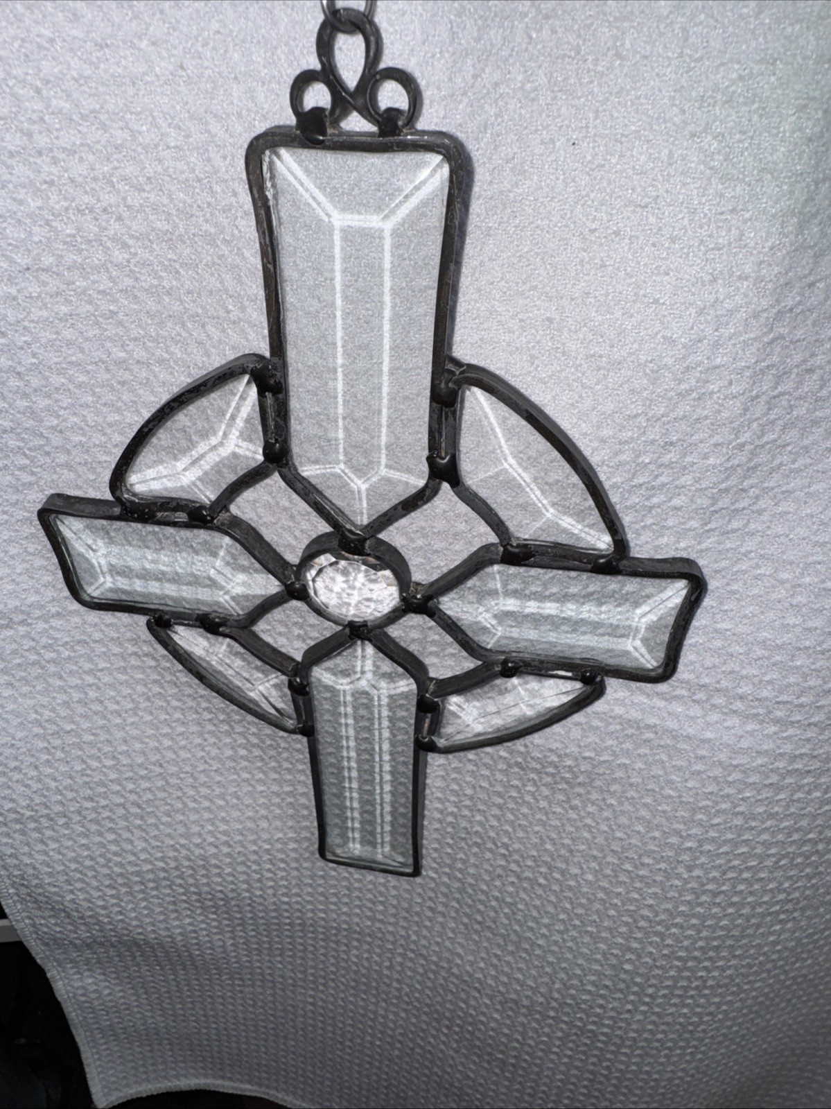 Vintage Stained Glass Cross Wall Hanging Suncatcher Clear 9.5 x 6″ Beveled Glass