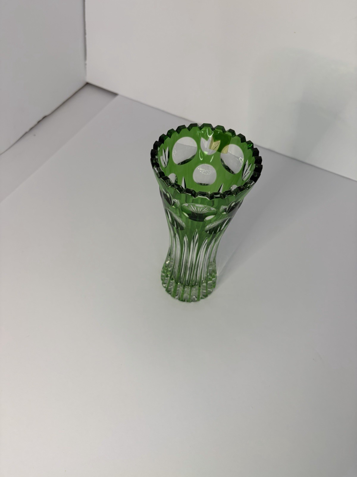 Vintage German Bleikristall Emerald Green Cut to Clear Lead Crystal Vase