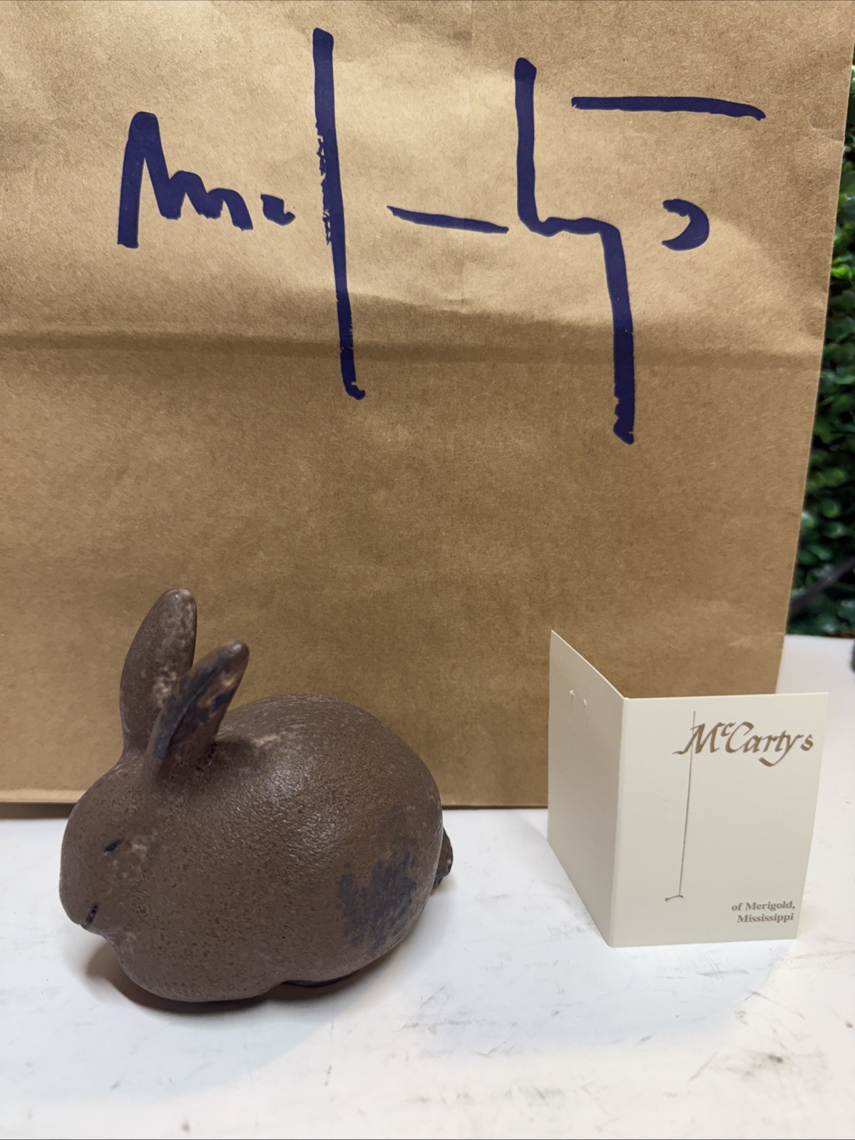 McCarty’s Pottery Nutmeg Cobalt Rabbit / Bunny / Ears Up Signed Merigold Ms.