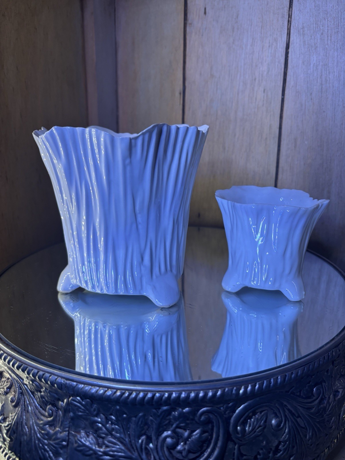 White Porcelain Faux Bois Wood Tree Pot Planter Vase x 2