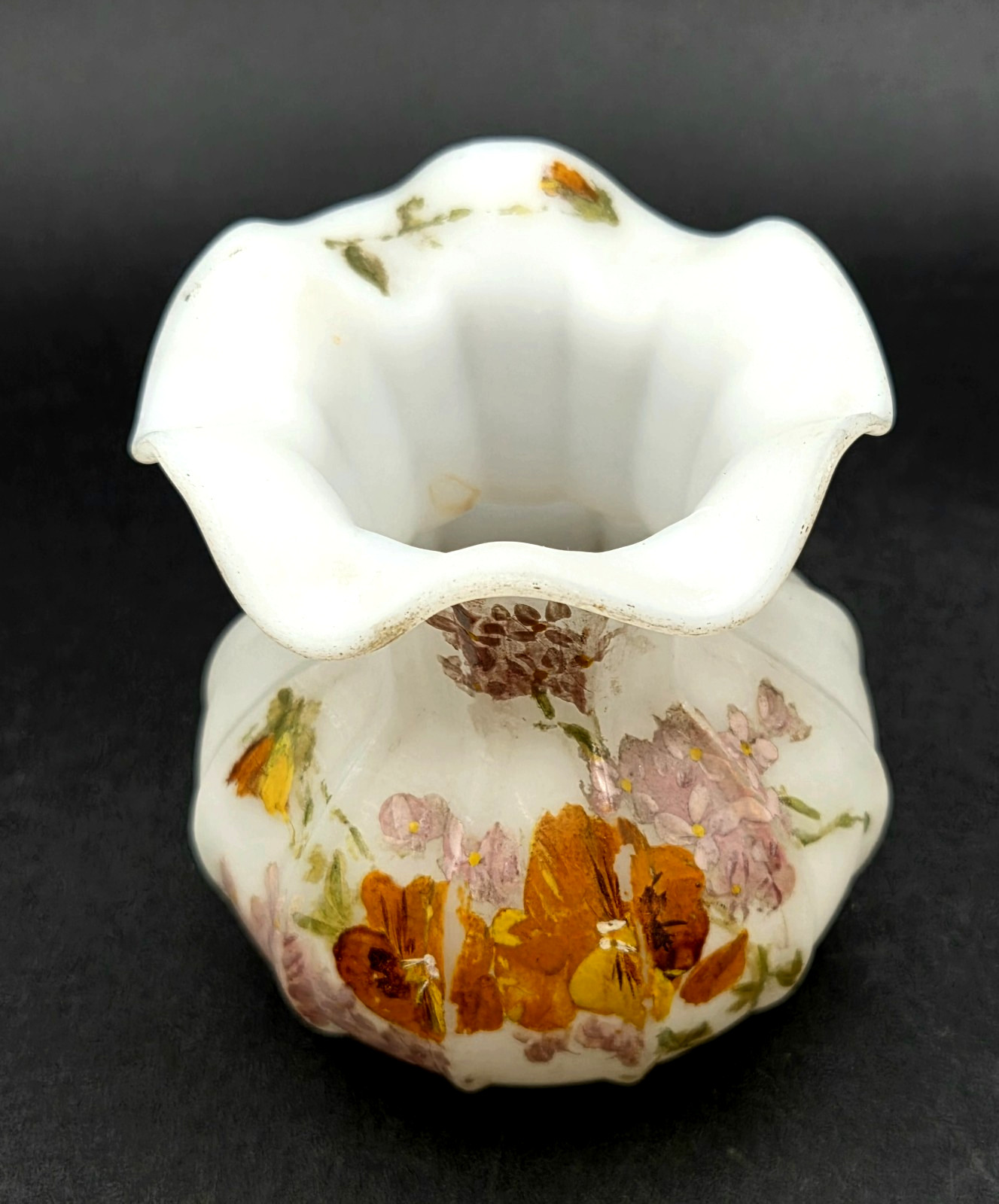 Vintage Hand-Crafted Victorian Floral 3″ White Satin Glass Vase