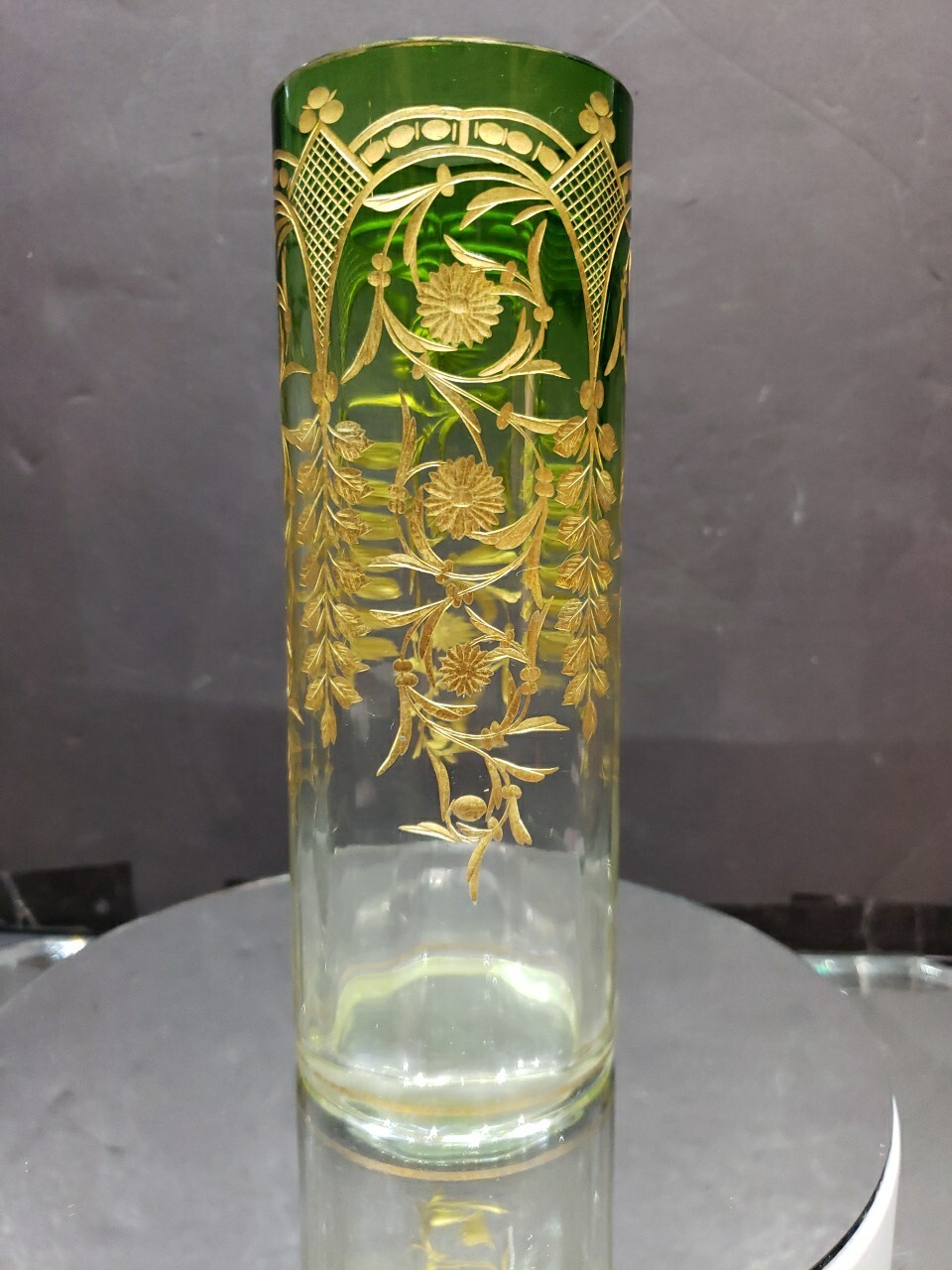 Antique Glass Vase Green fade to clear cut engraved gold gilt, Moser Bohemian