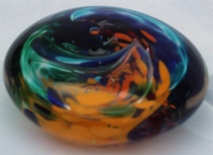 Signed Jim Karg_Art Glass_Paperweight_Blue Yellow Orange Green Swirl 3.5″ Wide