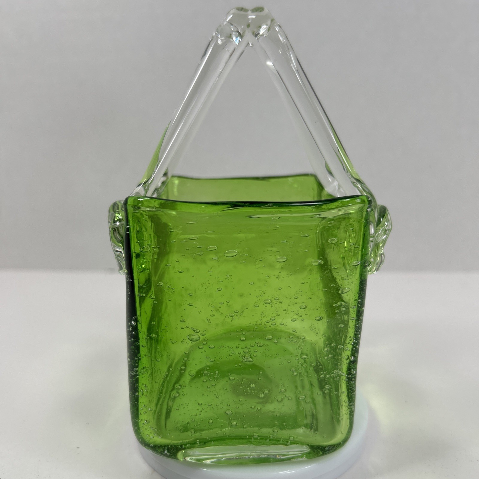 Vintage Hand Blown Green Glass Purse Bag Vase 7” Tall W/ handle 4” Wide