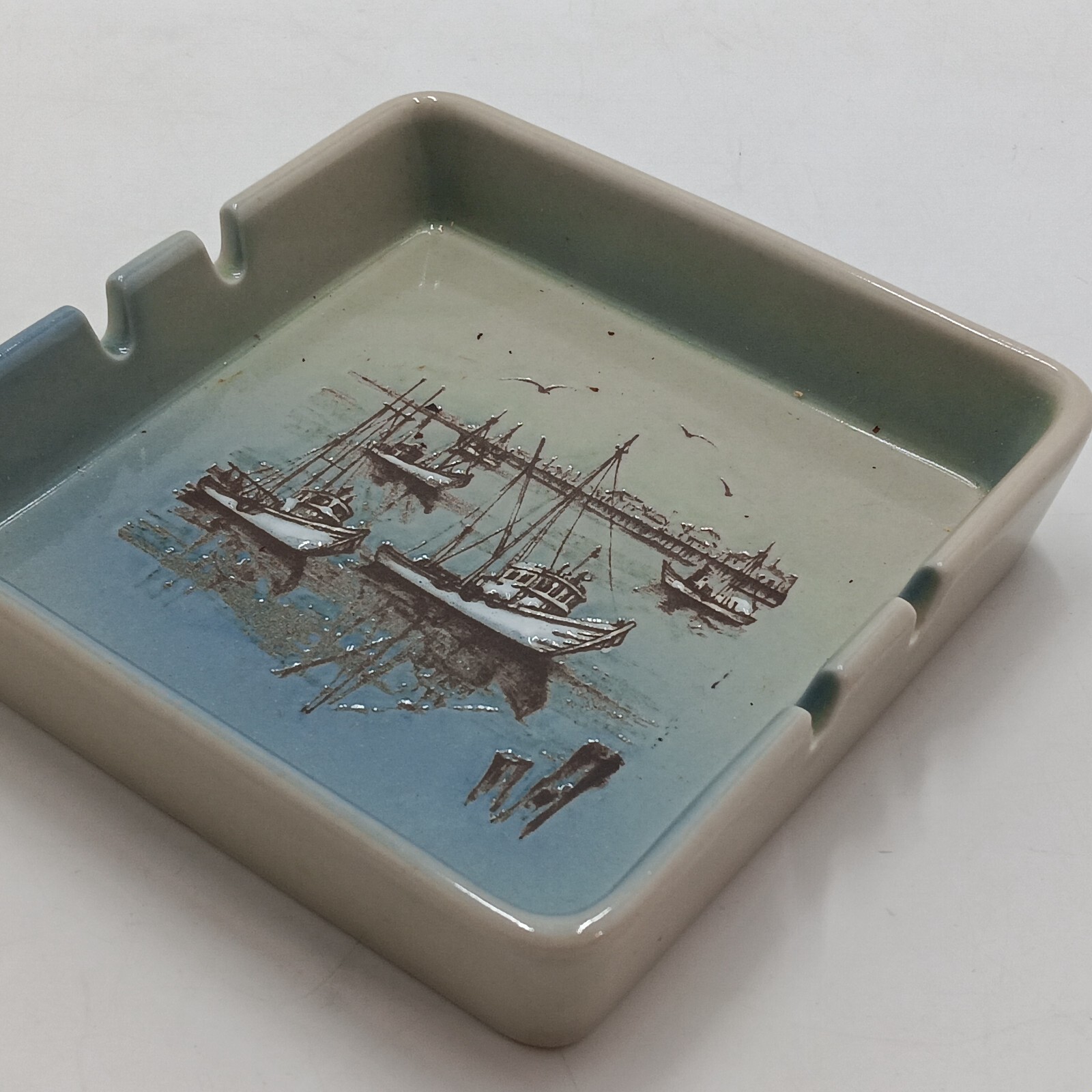 Nautical Boats Harbor Scene Ceramic 5″ Square Ashtray Trinket Dish