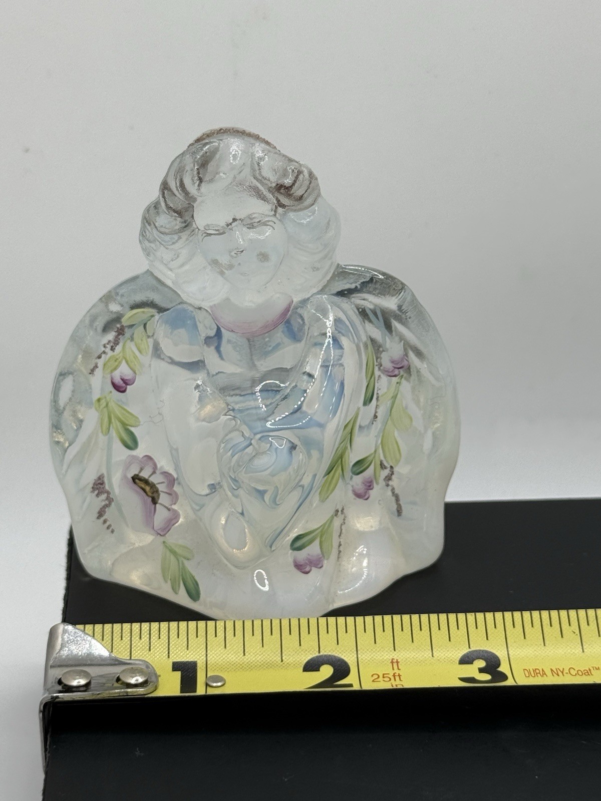 Fenton Art Glass Angel Figurine Hand painted Floral Opalescent White Clear 4”