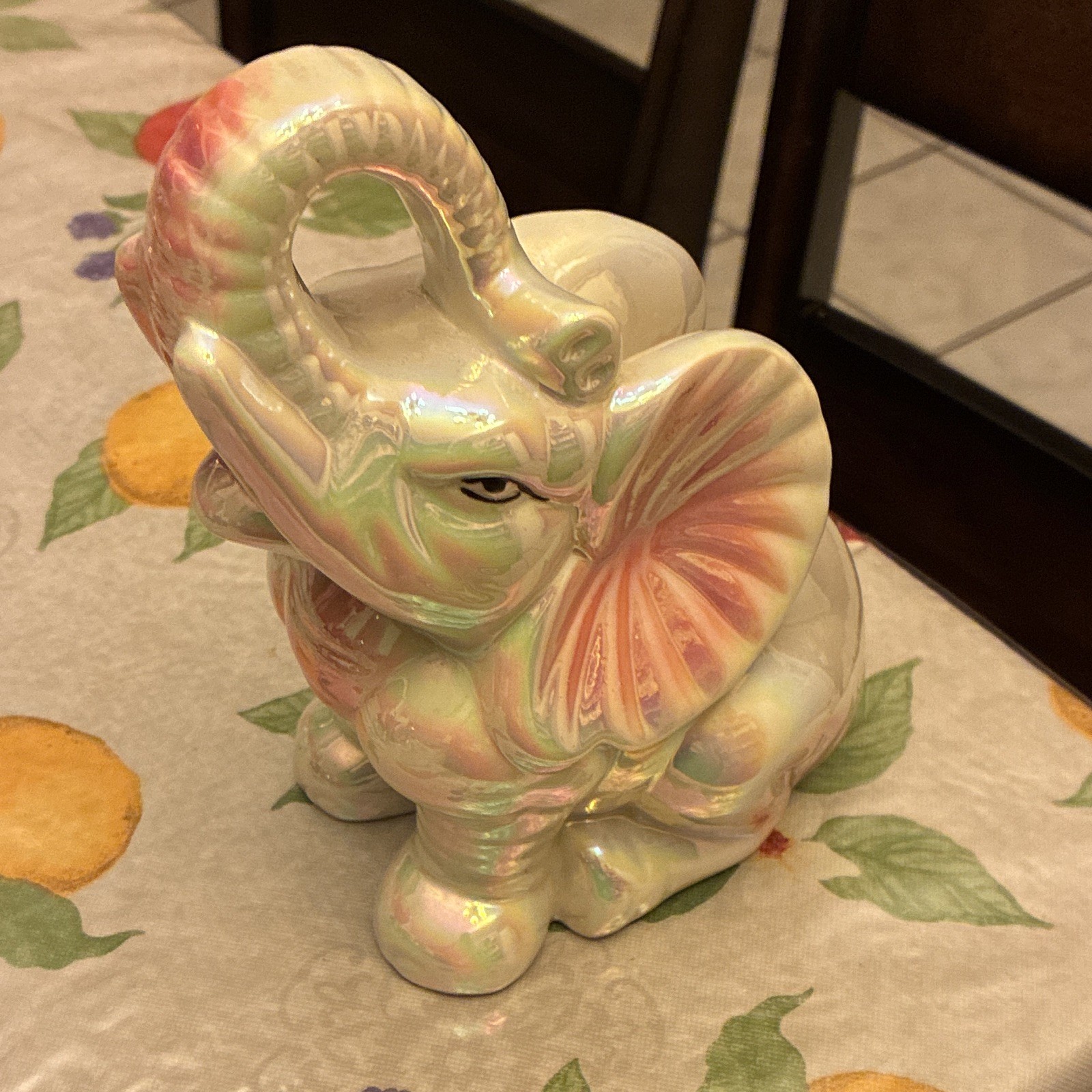 Iridescent Glossy Ceramic Elephant Figurine, White Pink Green