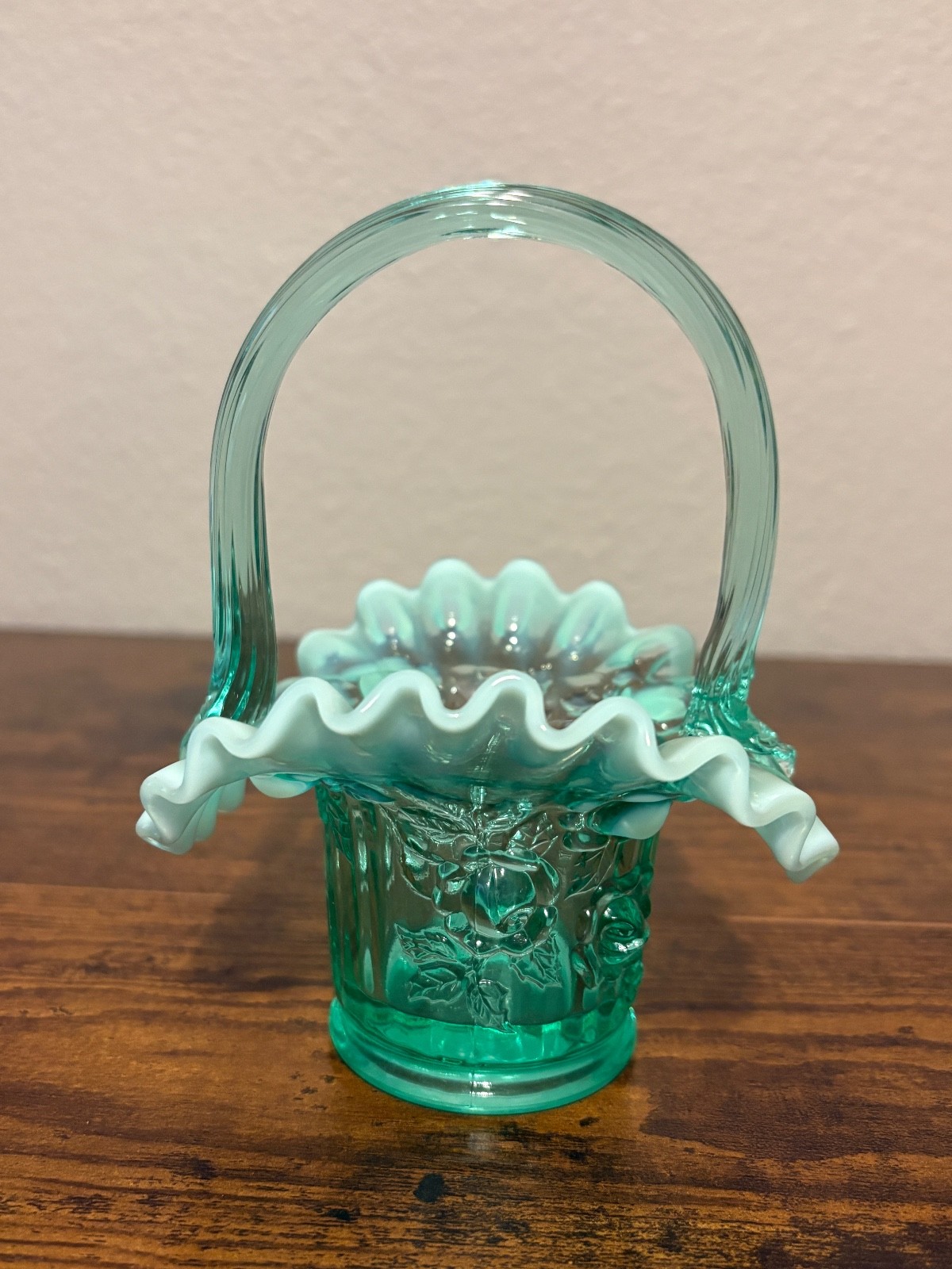 VTG Fenton Sea Mist Green Opalescent 6″H Rose Pattern Art Glass Basket
