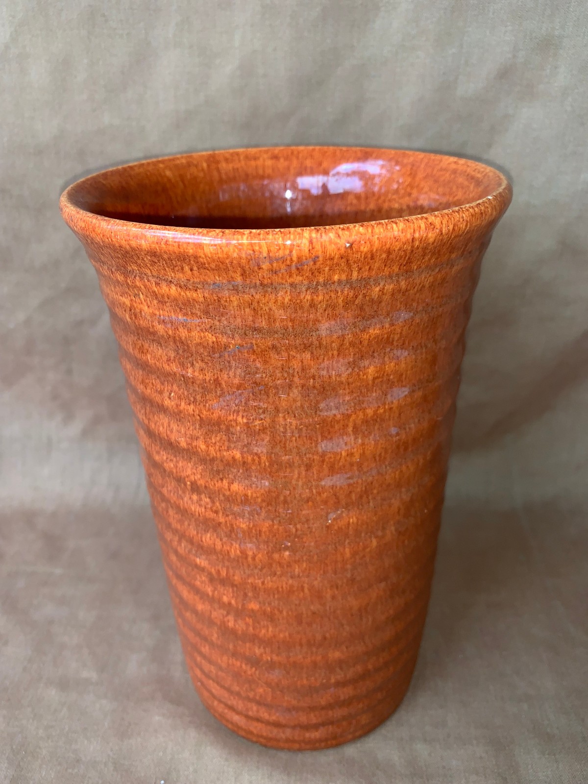 Vintage Bauer Ringware Vase High Fire Brown Speckled 8.5″ Ex Cond Early Calif.