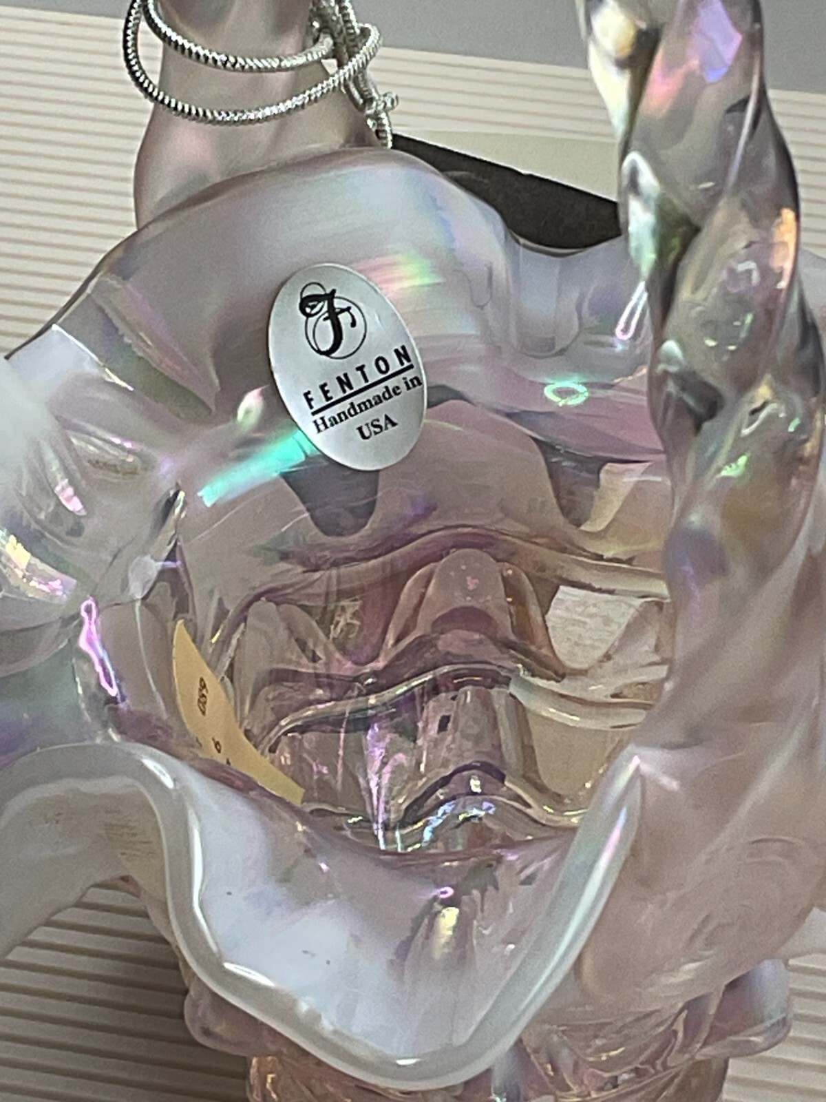 Fentons Champagne Opalescent Satin Basket-Knotts Berry Farm w/Fenton Hanging Tag