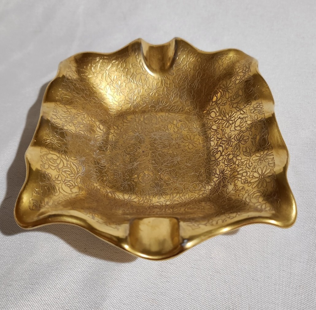 Vintage 5″ × 4″ Pickard China Made In USA Gold Ashtray #136