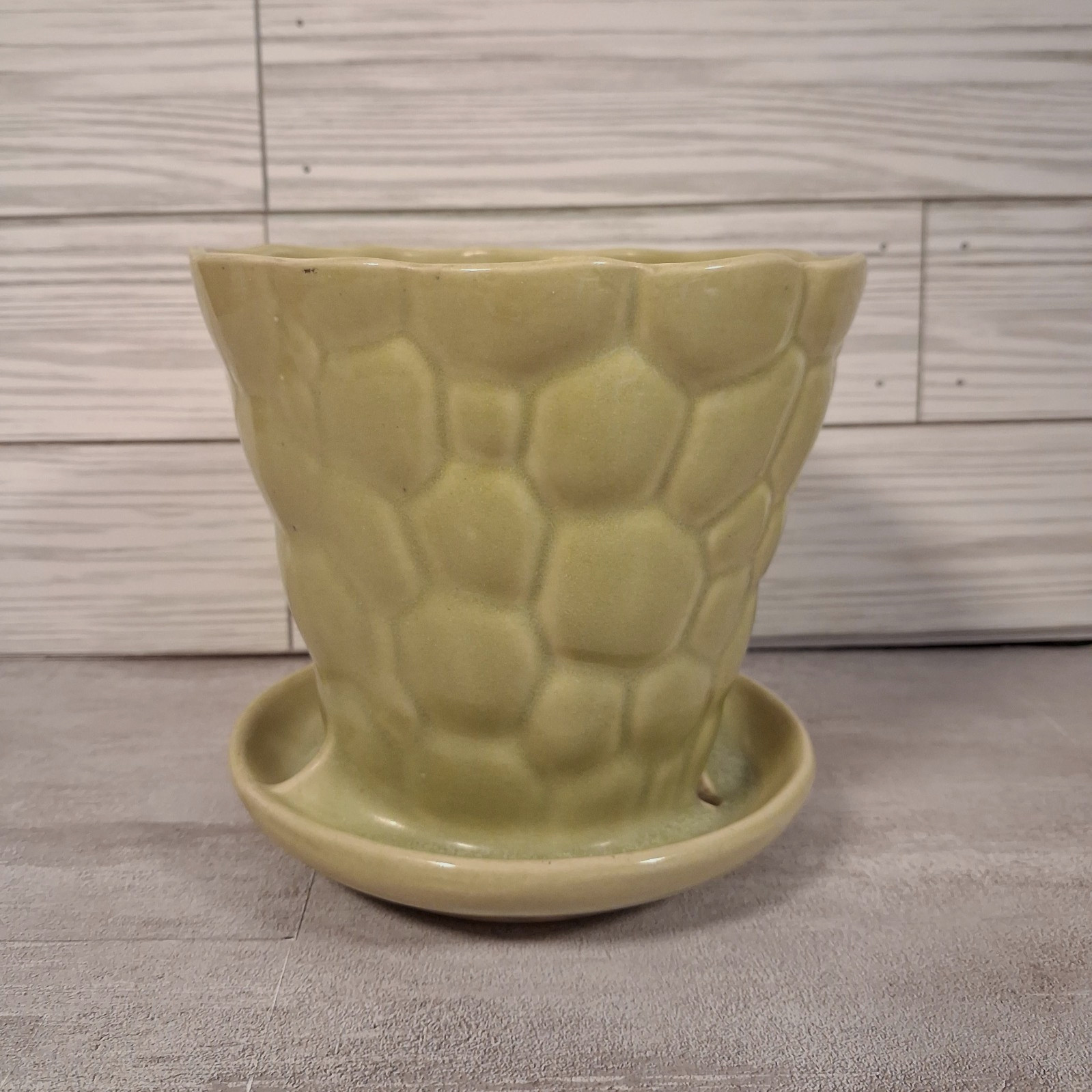 Vintage Brush Pottery Green Pebble Planter Flower Pot Attached Saucer 330 5-inch