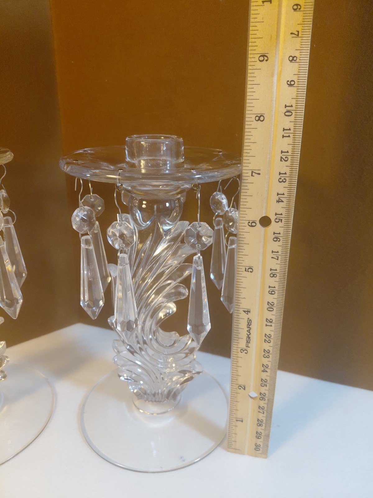 Vtg Pair Fostoria Candlesticks Baroque 8 Crystal Prisms Clear Art Deco UV Glow