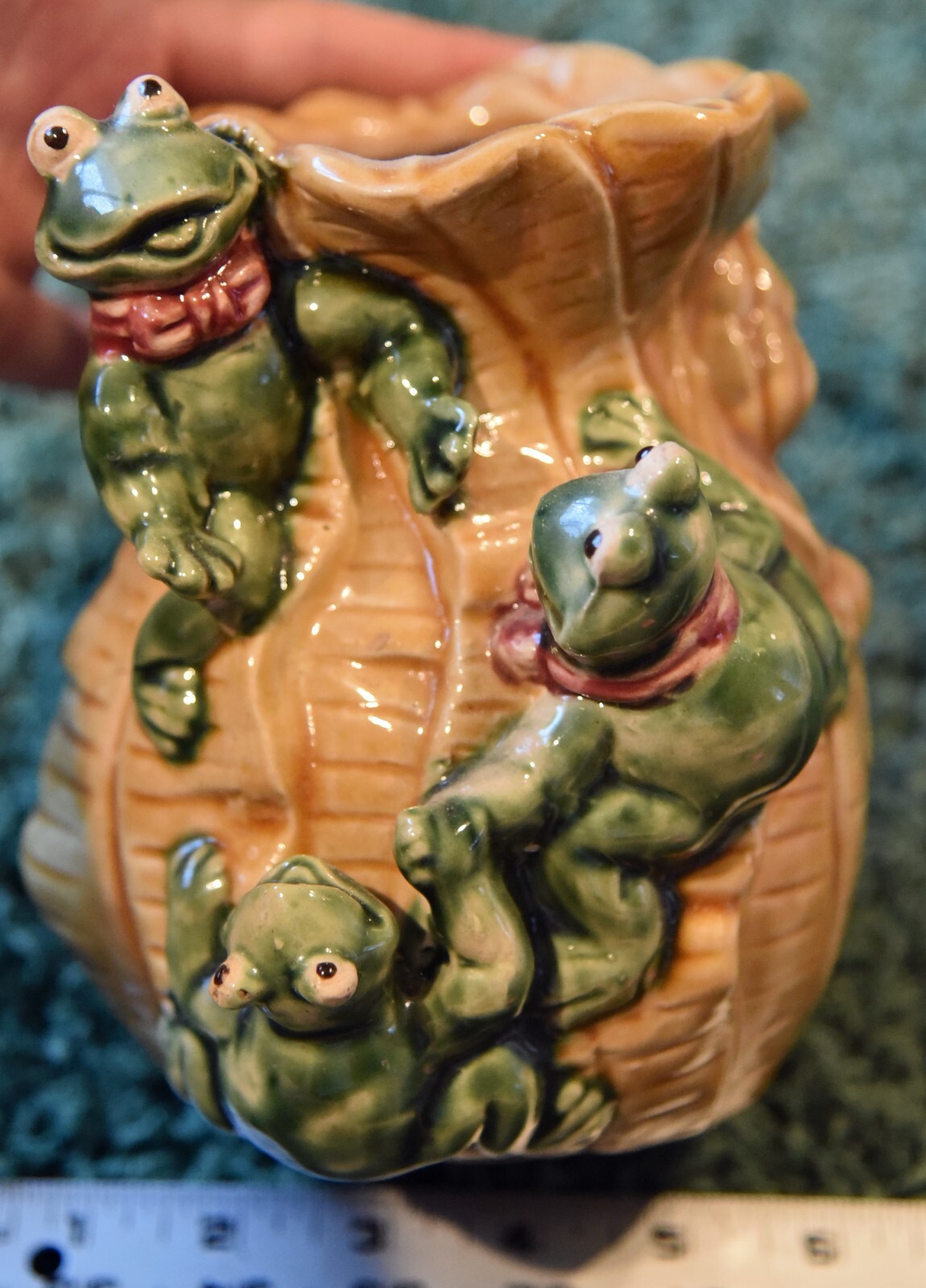 3 Frogs on Brown Tree Trunk(?) Ceramic Vase 6 3/4″ high