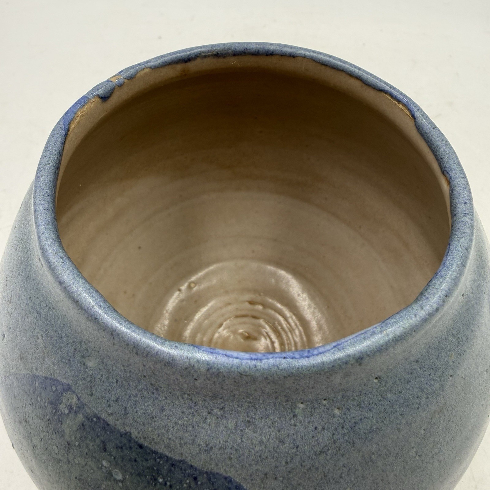 Artist Signed Studio Art Pottery Round Ceramic Vase Blue Circle Pattern 4.25” T