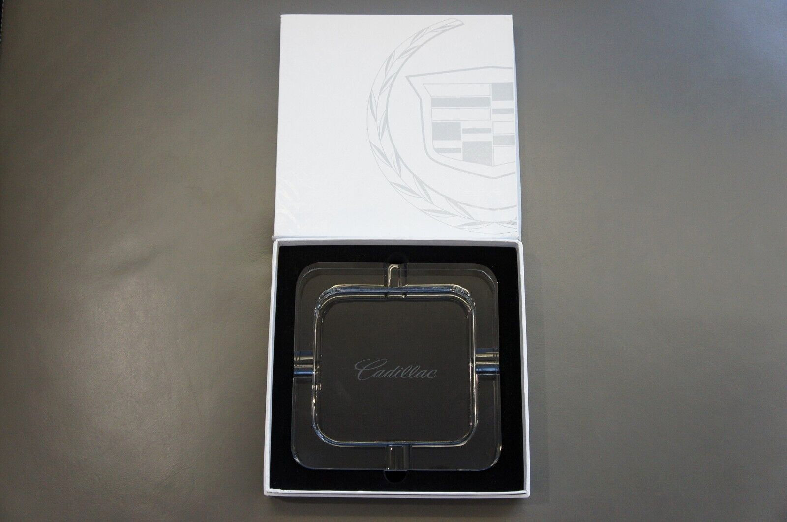 NIB Genuine Cadillac Squared Clear Glass Ashtray Cigarette Cigar Decorative Tray