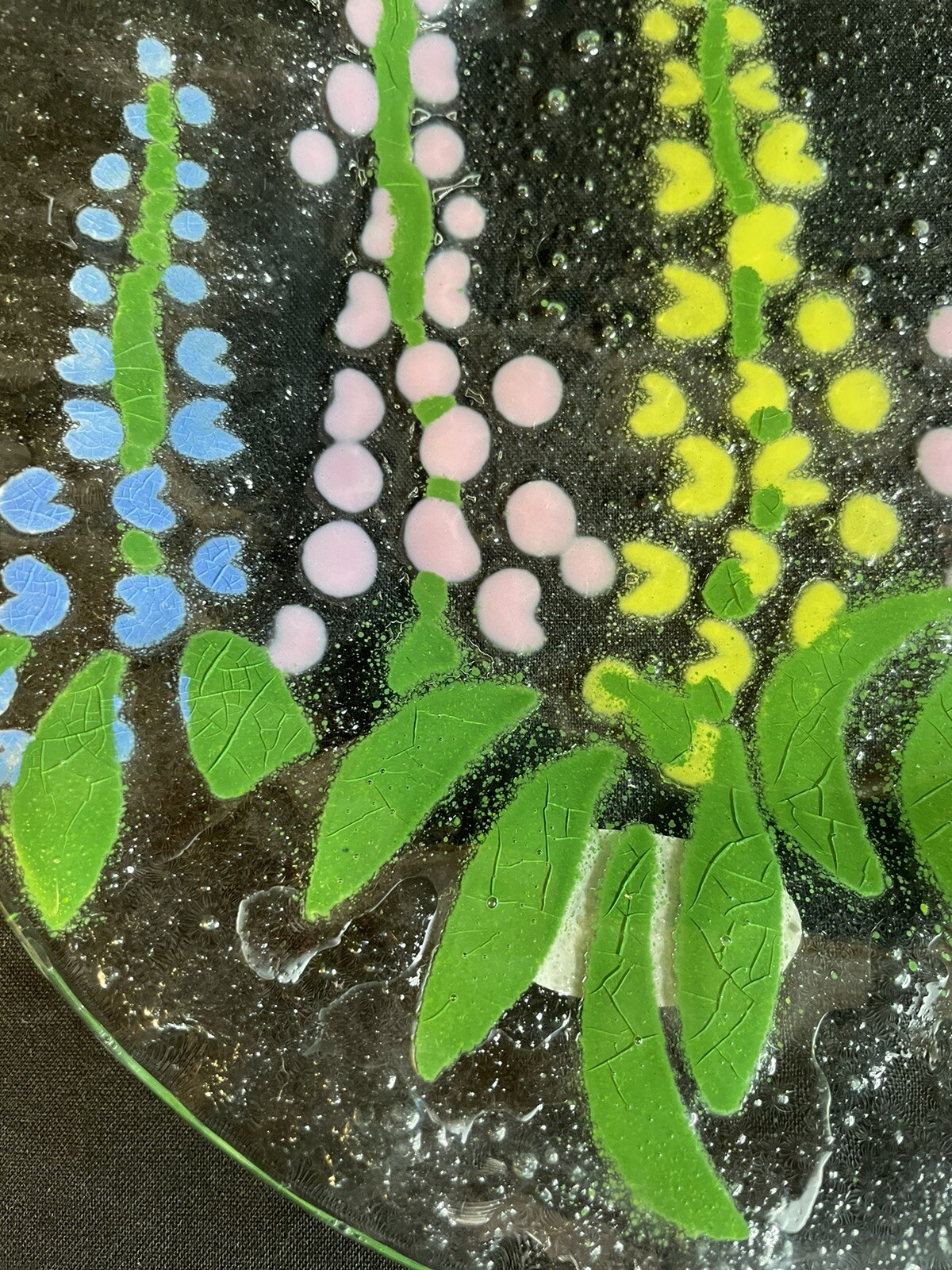 Lee Fusion Art Glass Plate Flowers 8.25” Crazing In Paint Winter Harbor Maine