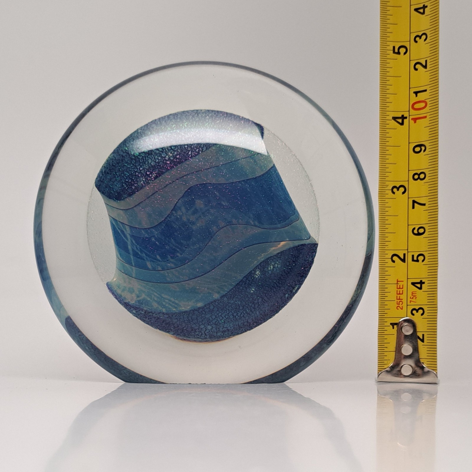 Eickholt Art Glass Paperweight 1995 Blue Seascape Dichroic Disc Double Position