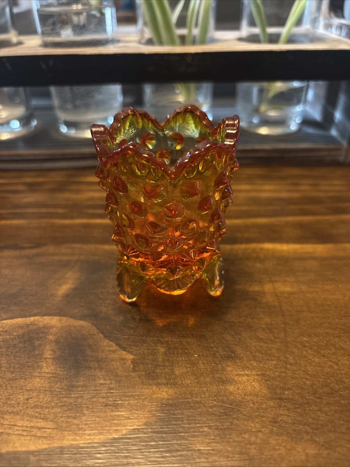 Fenton Hobnail Orange and Yellow Toothpick Holder 3″~Vintage ~GLOWS ~UV