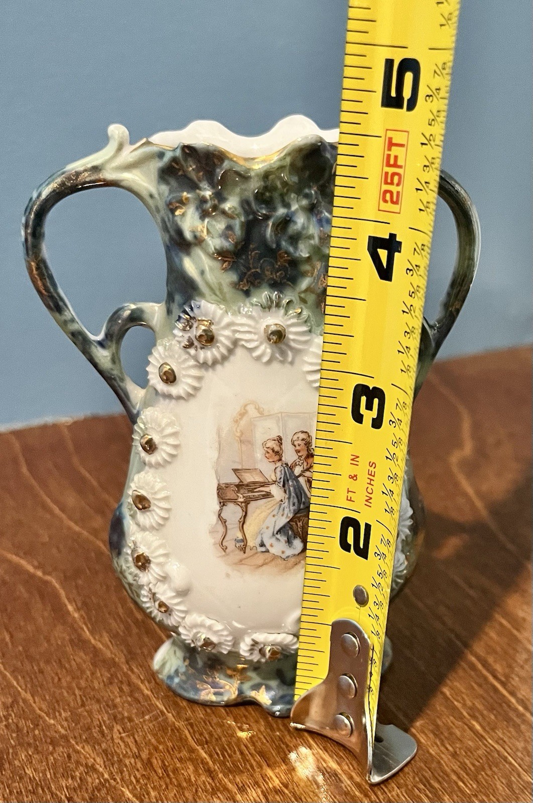 Porcelain Bud Vase, Floral Relief White Blue Gold Decorative 4.75in