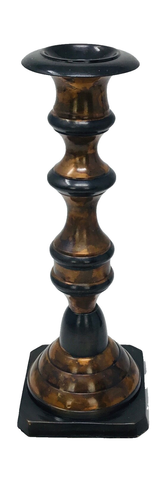 Candle Stick Holders Set—2 Copper, Brass Tone, Black Painted Metal India 9.25”