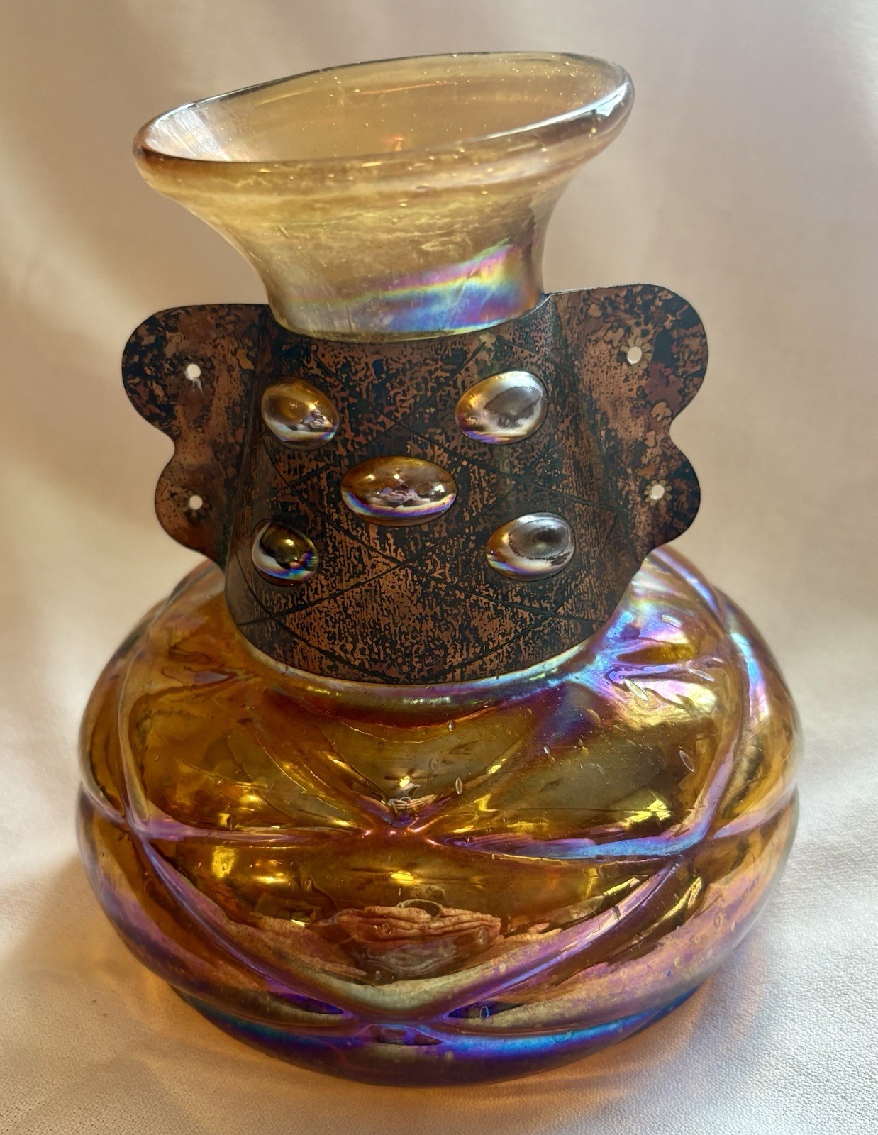 Silvestri Brutalist Caged Glass Vase Iridescent Base Hand Blown Metal Collar MCM