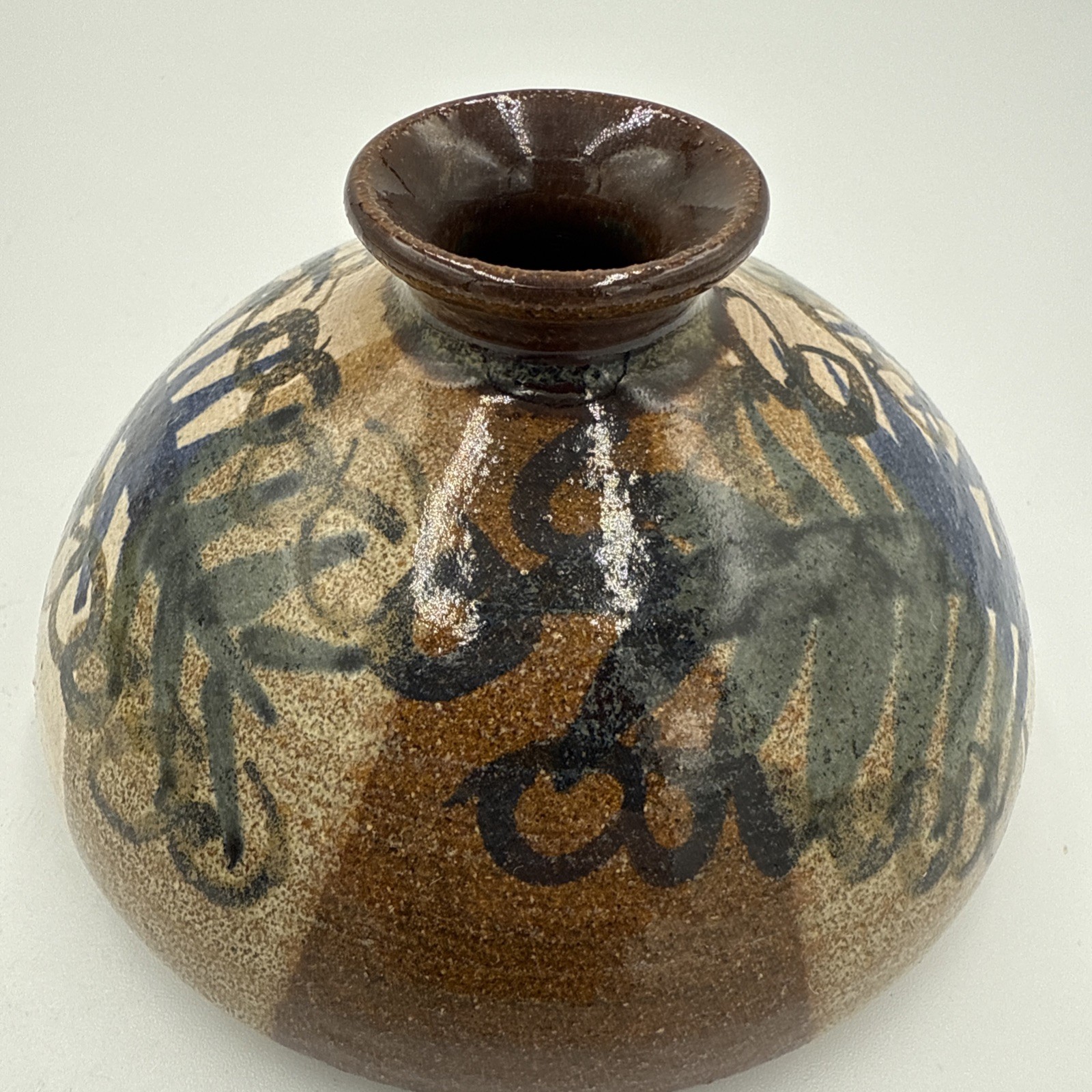 Signed Studio Pottery Bud Vase Weed Pot Abstract Brushwork Dated 1981 3”