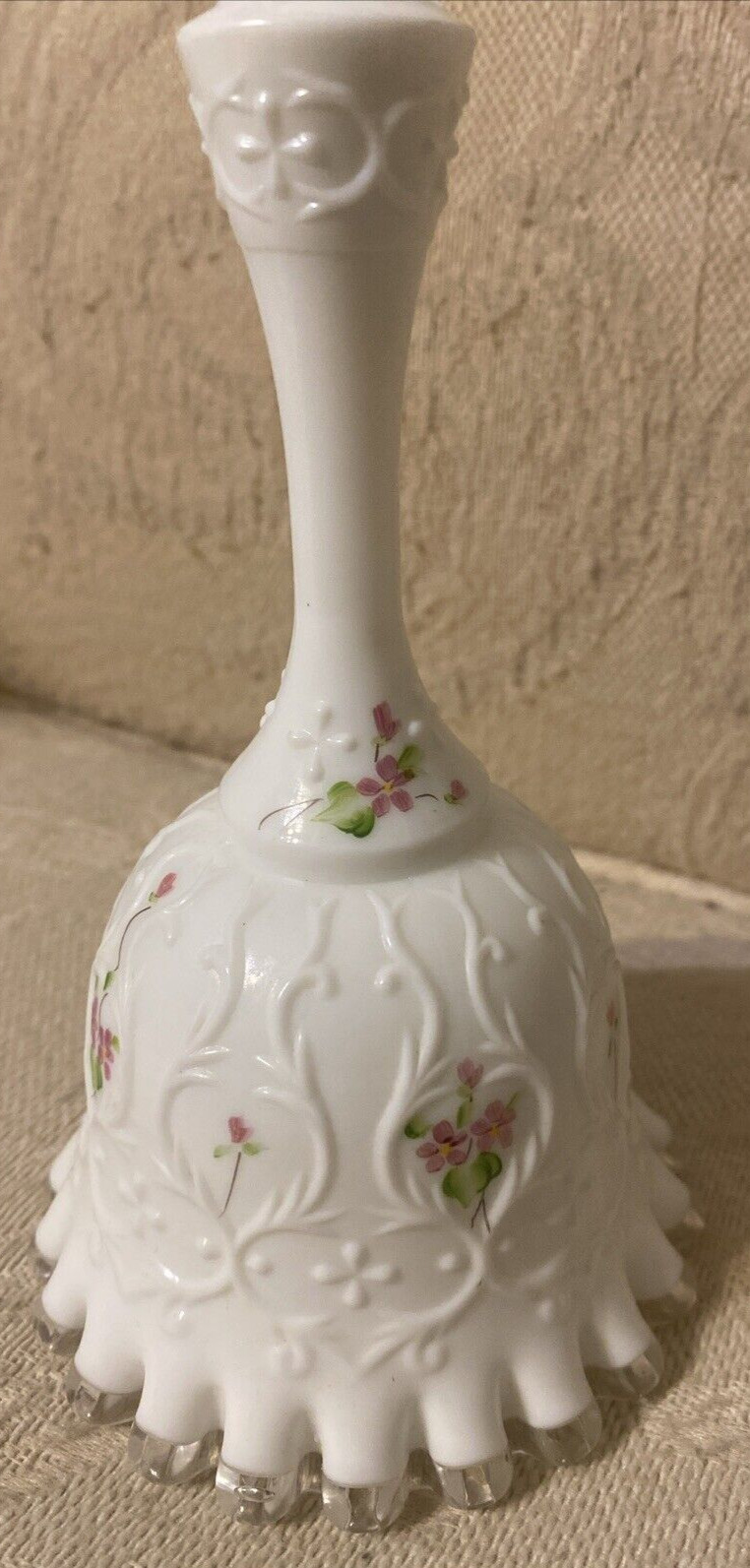 Vtg Fenton Violets In the Snow • Silver Crest Spanish Lace Bell • Signed Frida L