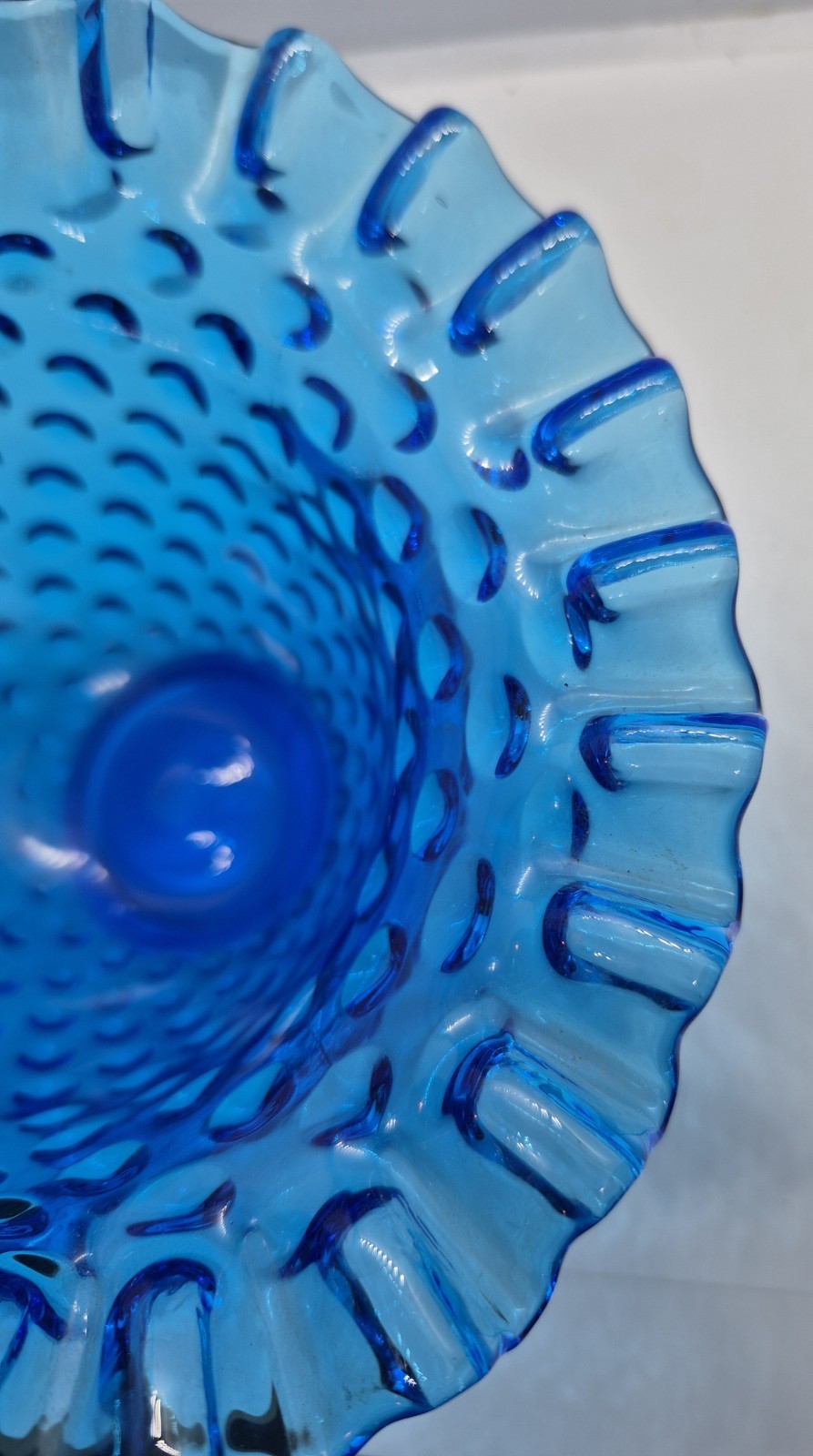 Vintage Fenton Colonial Blue Hobnail Art Glass Basket Ruffled Rim Applied Handle