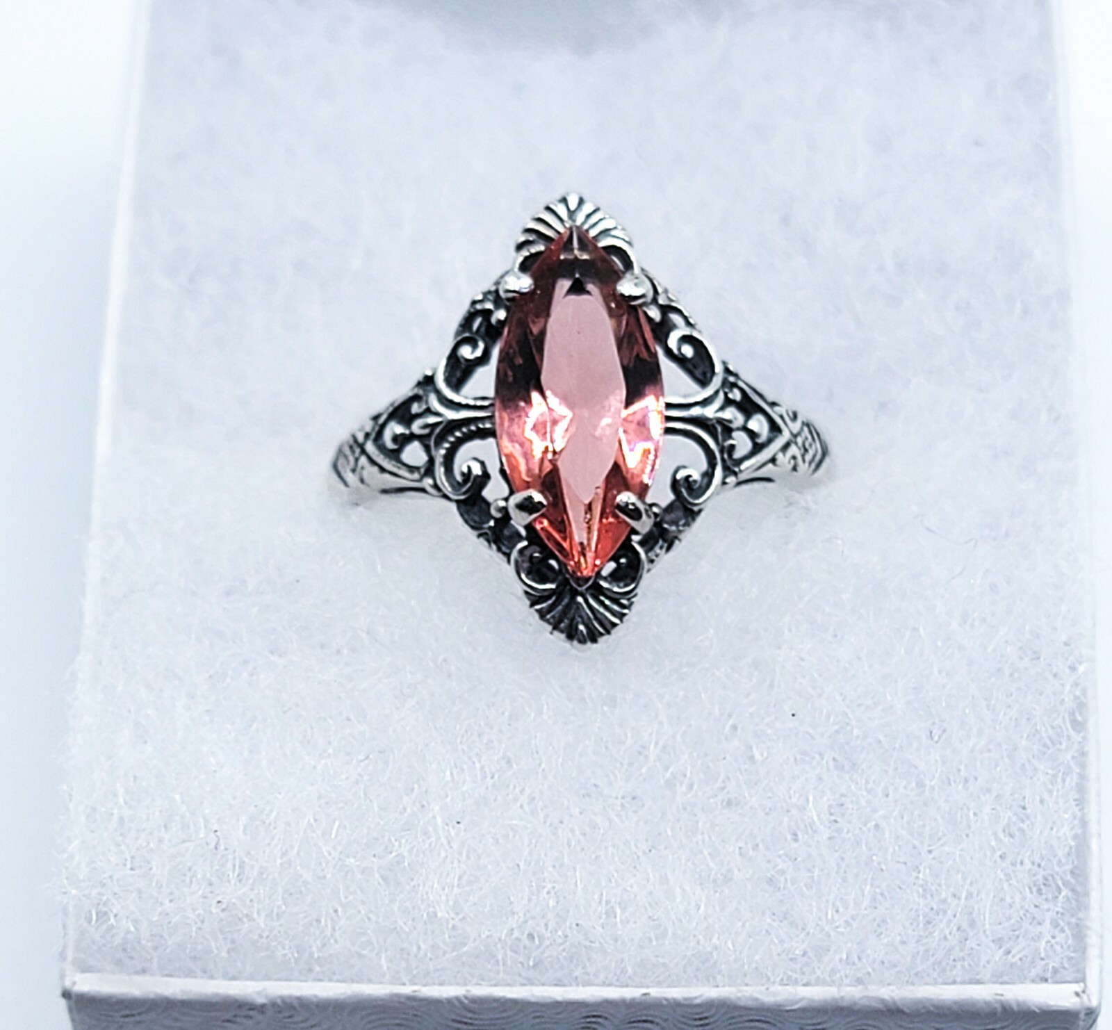 Sterling Pink Uranium Glass Ring Marquise Cut Filigree Oxidized 925 Silver