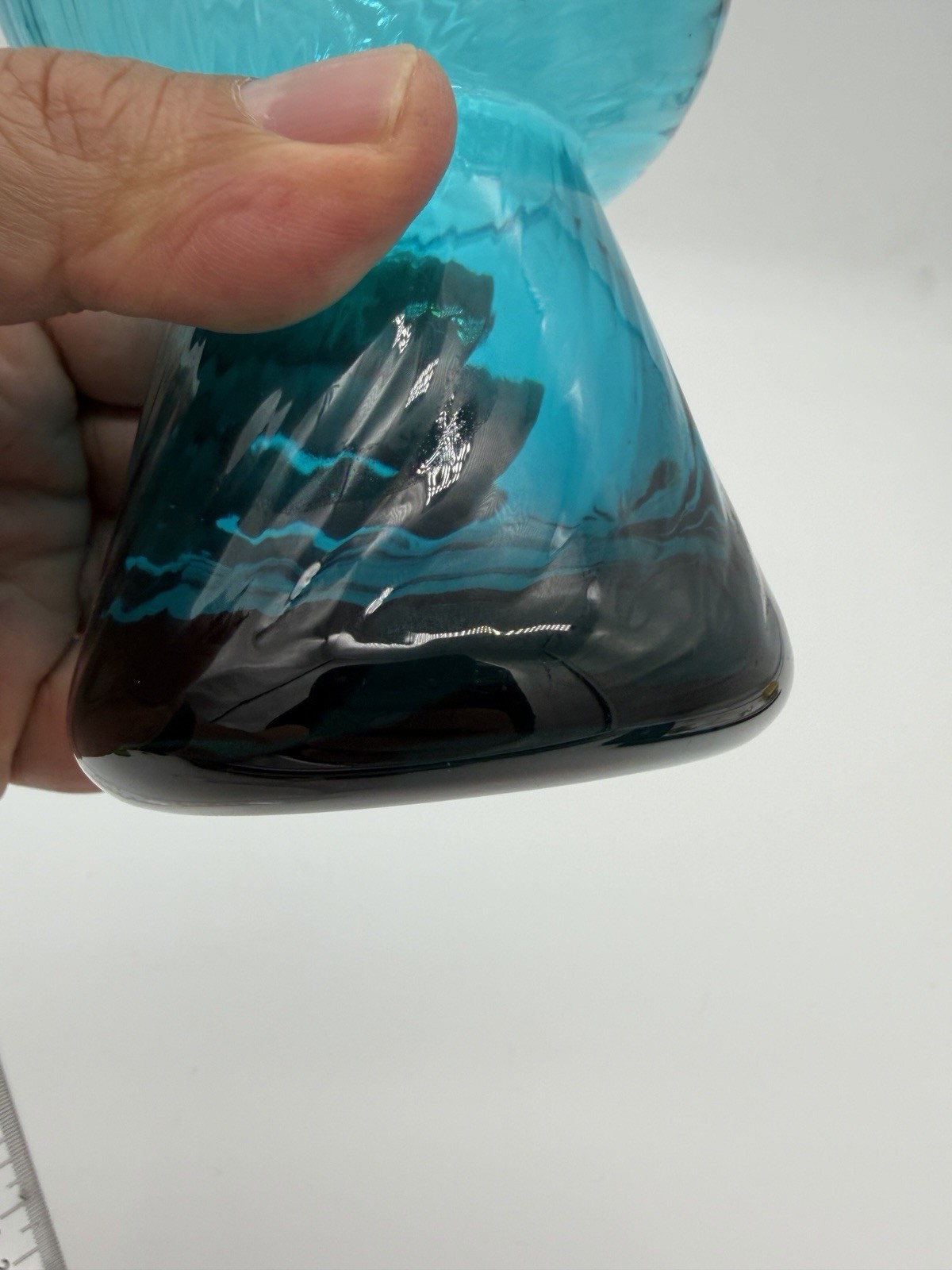 Empoli Italy Handblown Art Glass Diamond Optic Teal Pedestal Vase 8.5” Swirl