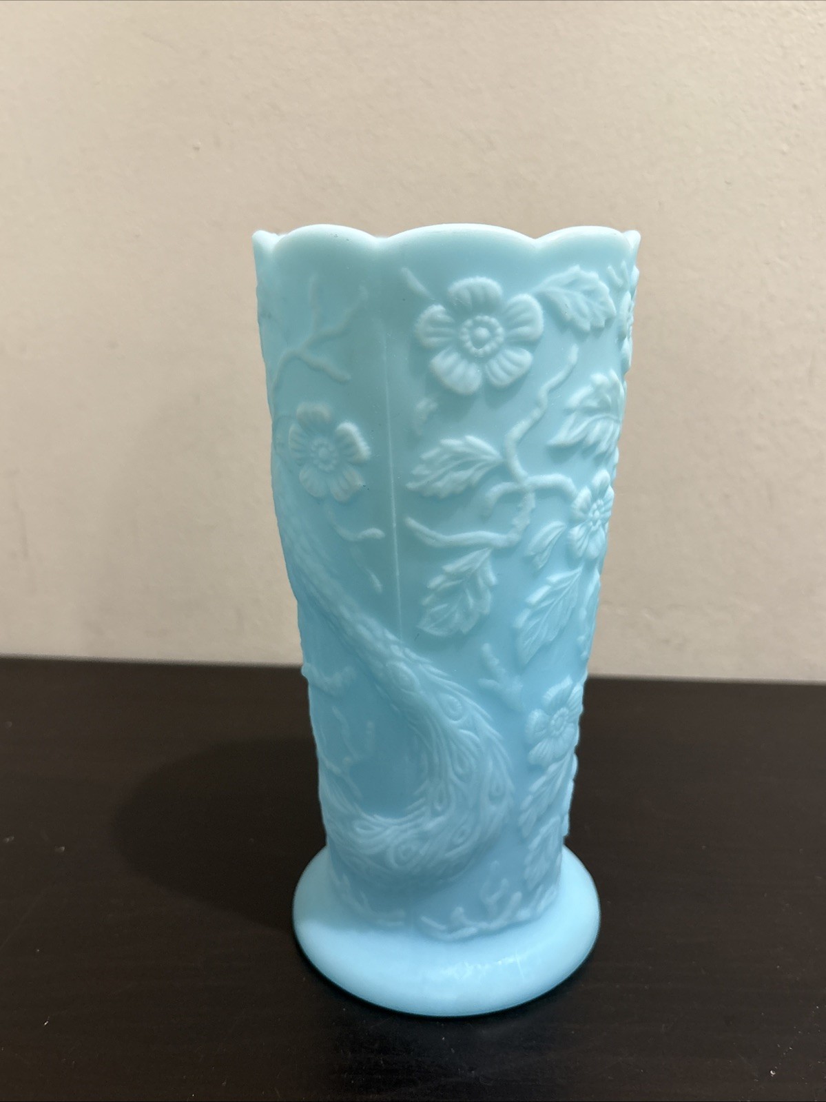 Vintage Fenton Peacock Garden Blue Satin Milk Glass Vase Apple Blossom Flower