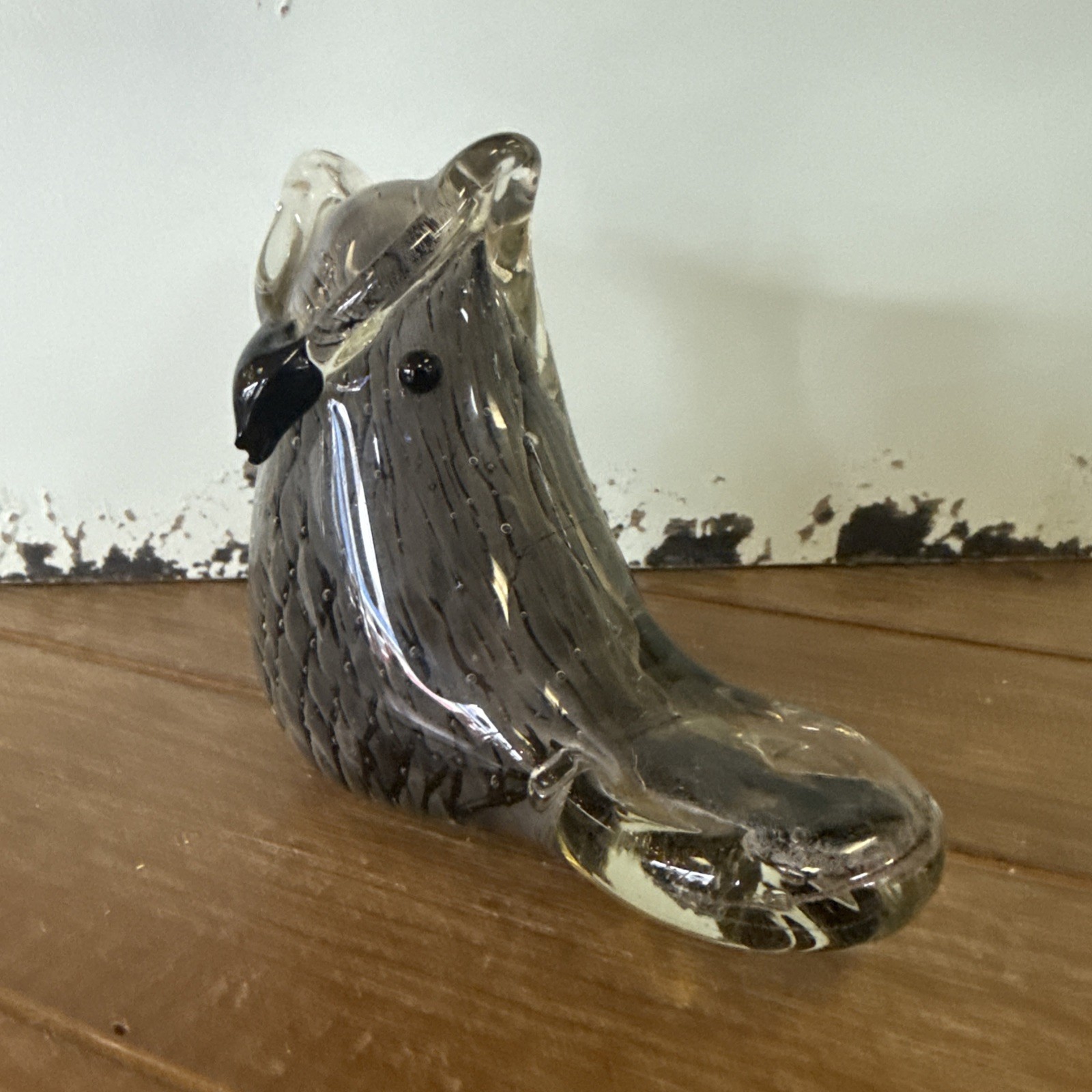 hand blown Glass Owl Gray Detailed Feathers 1 lb 4 oz 5 1/2″ long