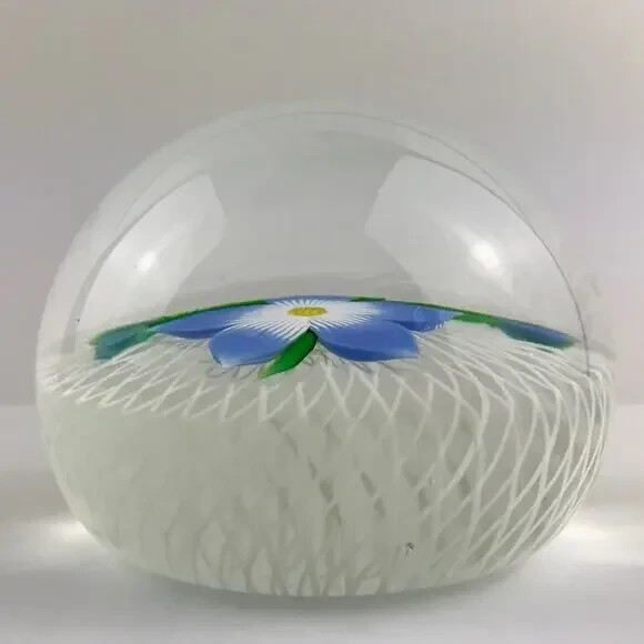 Perthshire 1984D Floral Spray Blue Lampwork Flower Spiral Latticinio Paperweight