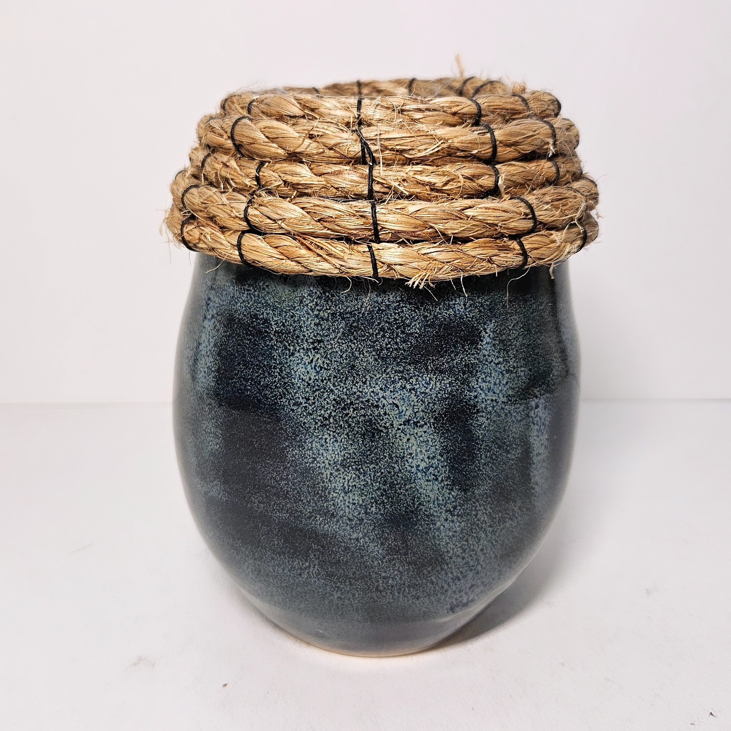 Dark Blue Egg Shaped Braided Rim Studio Pottery Vase Stamped HP