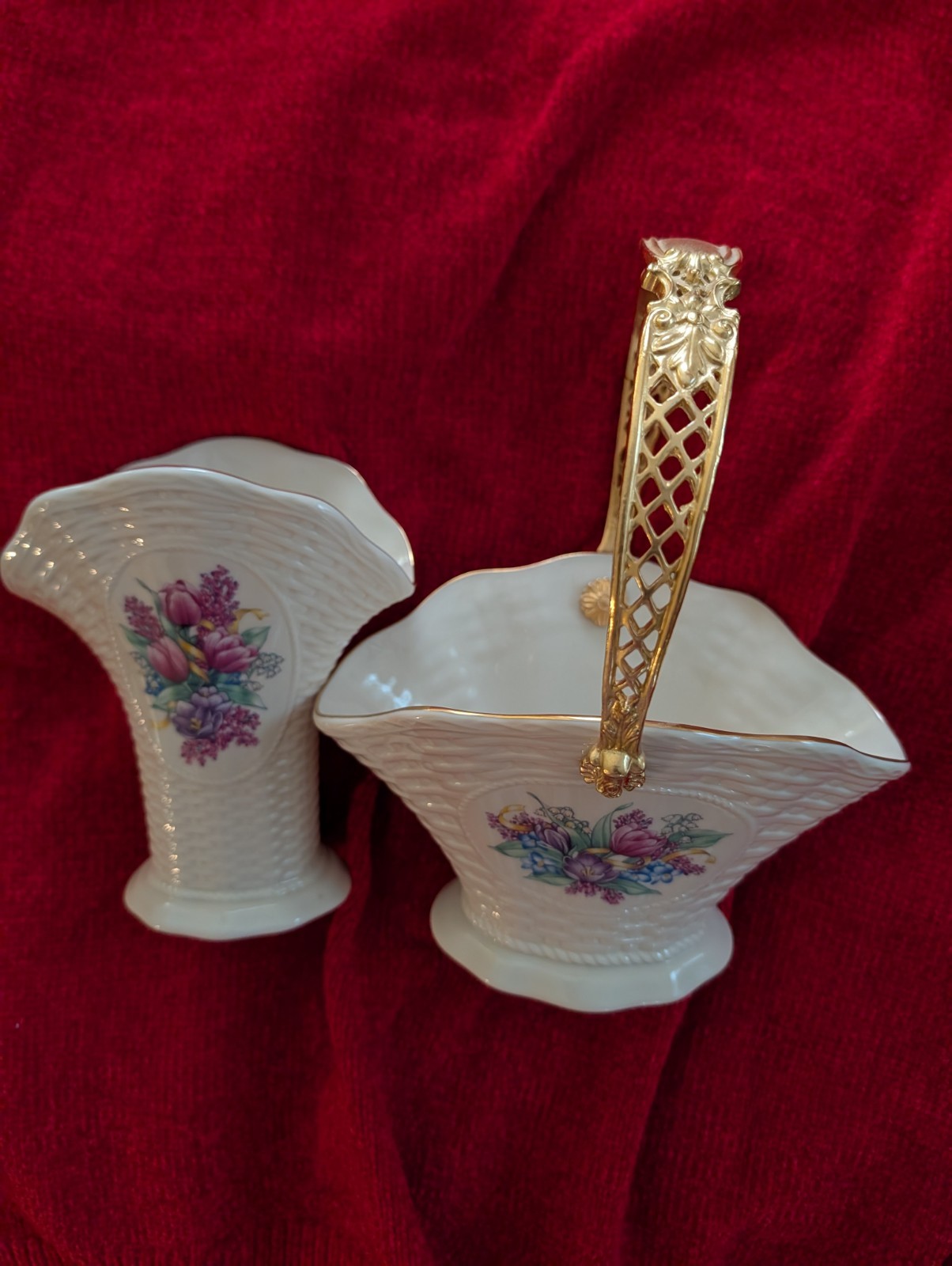 Lenox Spring Flowers 9″ Oval Basket w Gold Handle and 6″ Spring Flowers Vase