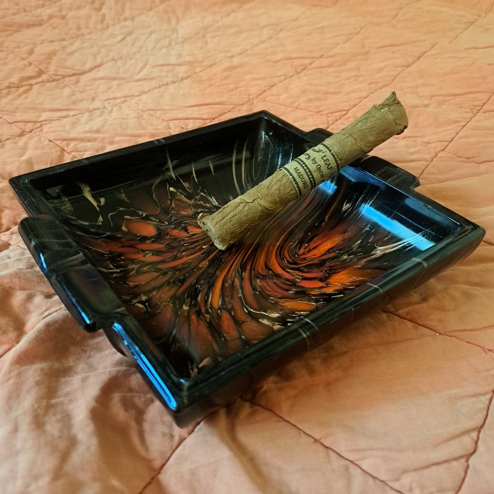 Vintage Murano Style Glass Cigar Ashtray Heavy RARE red, black, and gold swirl