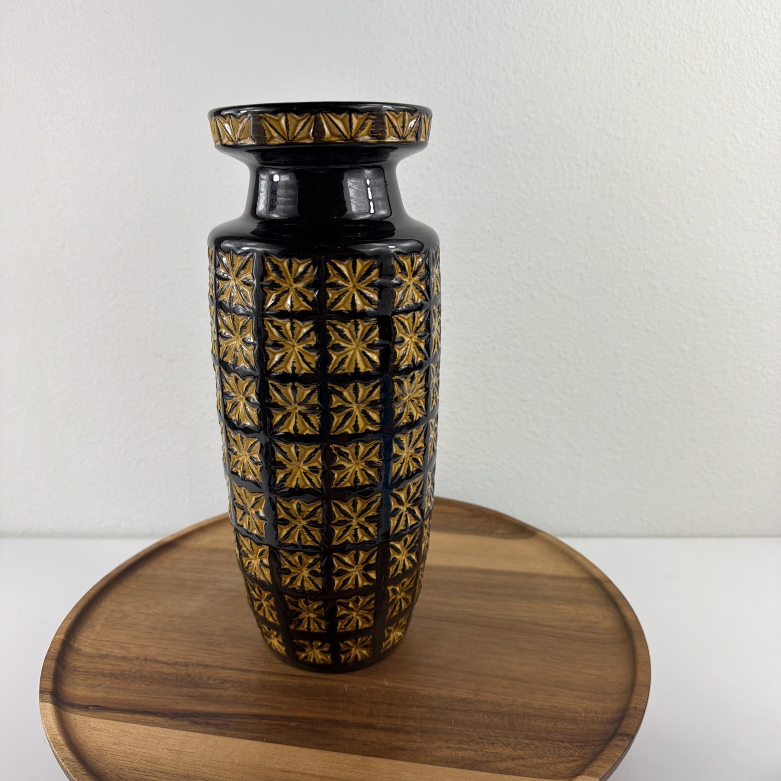 VTG Scheurich 261-30 West Germany Art Pottery Vase Amber Black Geometric