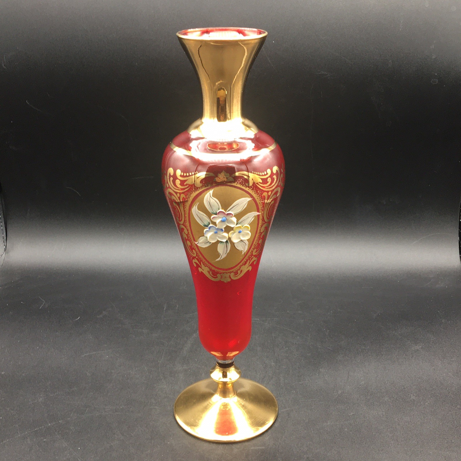 Vintage Japanese Ruby Glass Trumpet Vase Gold Trim Porcelain Flowers 11”
