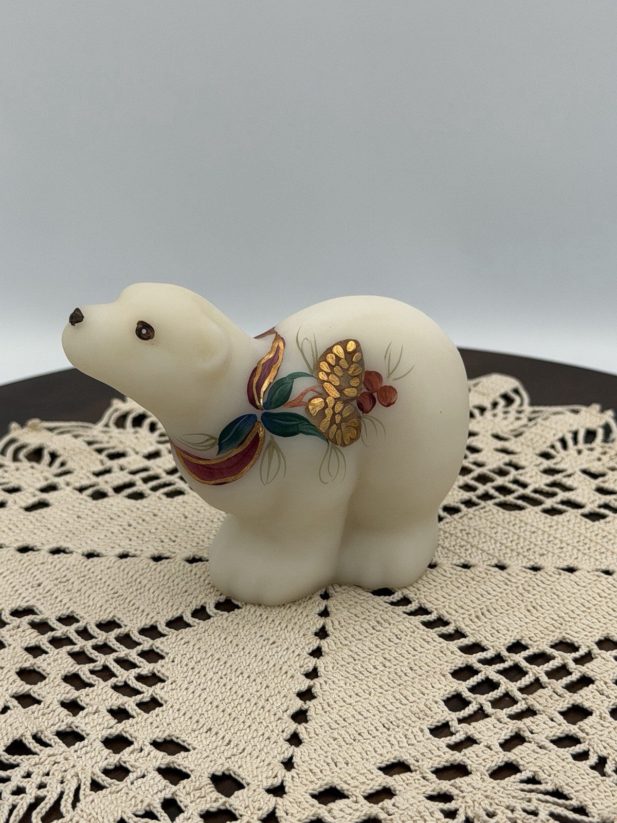 Fenton Hand Painted Polar Bear Figurine Signed w/ tag Pinecones Ribbon C. Smith