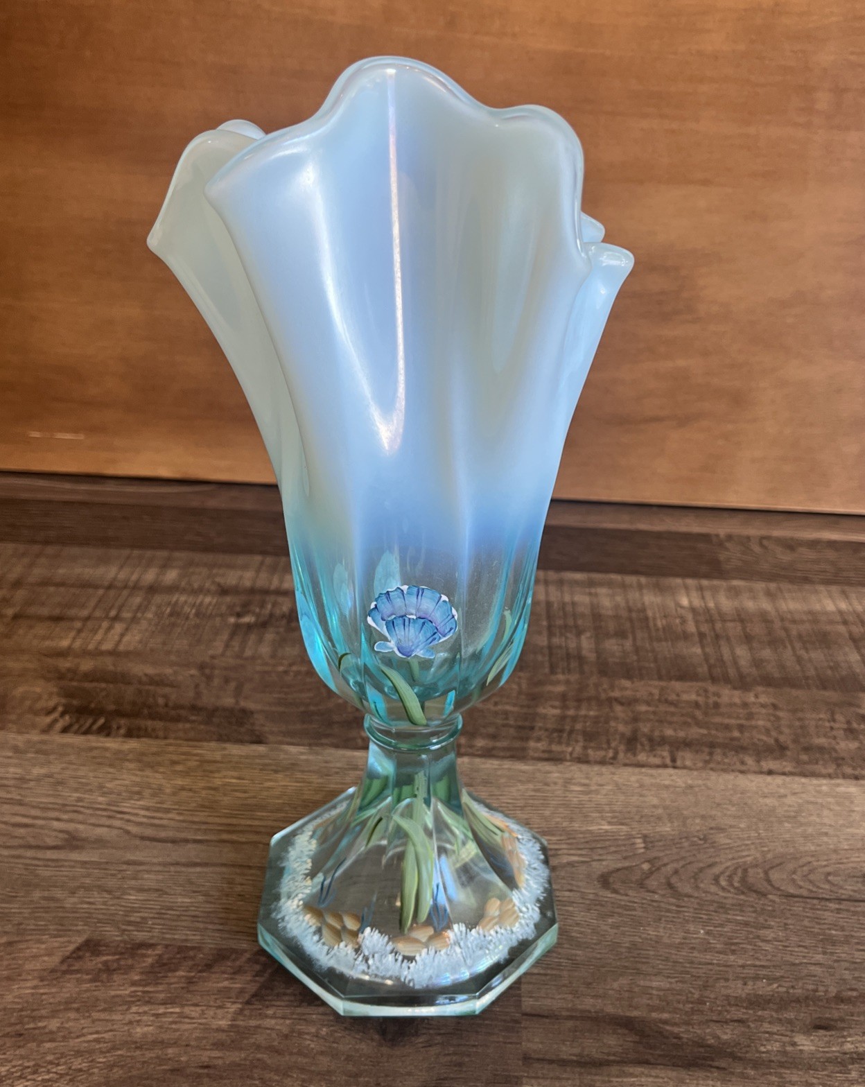 Fenton Glass Aquamarine Stretch Underwater Dream Seahorse HandPainted Vase 12”