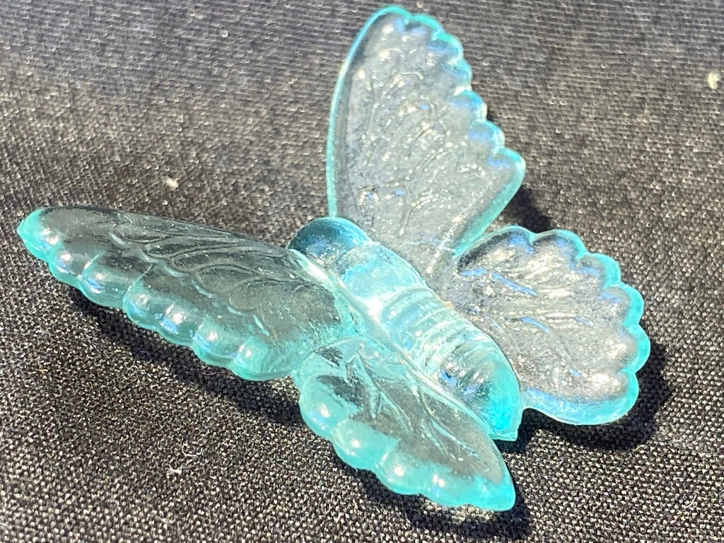 Blue Vaseline glass butterfly insect monarch glow neon animal uranium / selenium