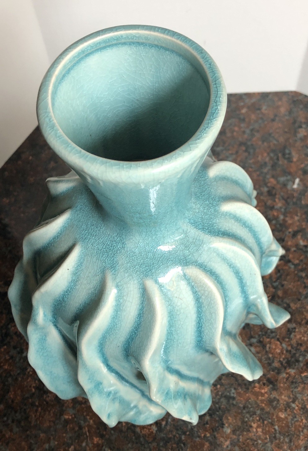 16” Merope Medium Handmade Folk Art Vase Teal Blue Mist Color Crackle Style