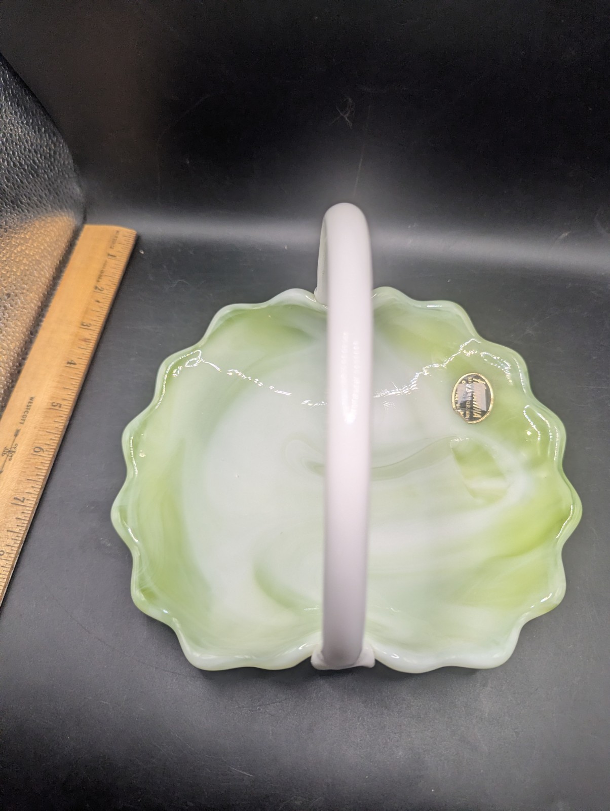 VINTAGE KANAWHA GREEN & WHITE MARBLED SLAG GLASS BASKET WITH HOBNAIL BASE