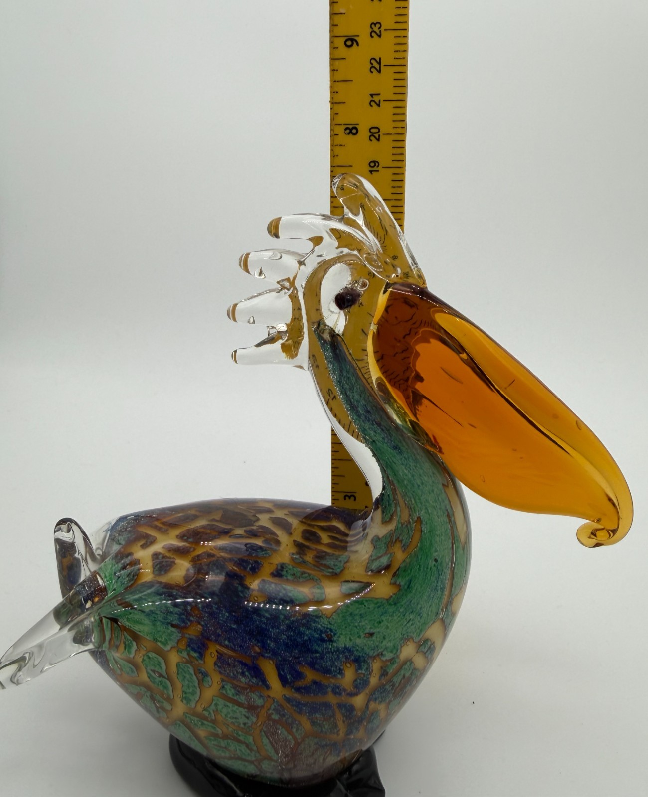 Hand Blown Art Glass Pelican Figurine Amber Beak Black Base Murano Style Bird